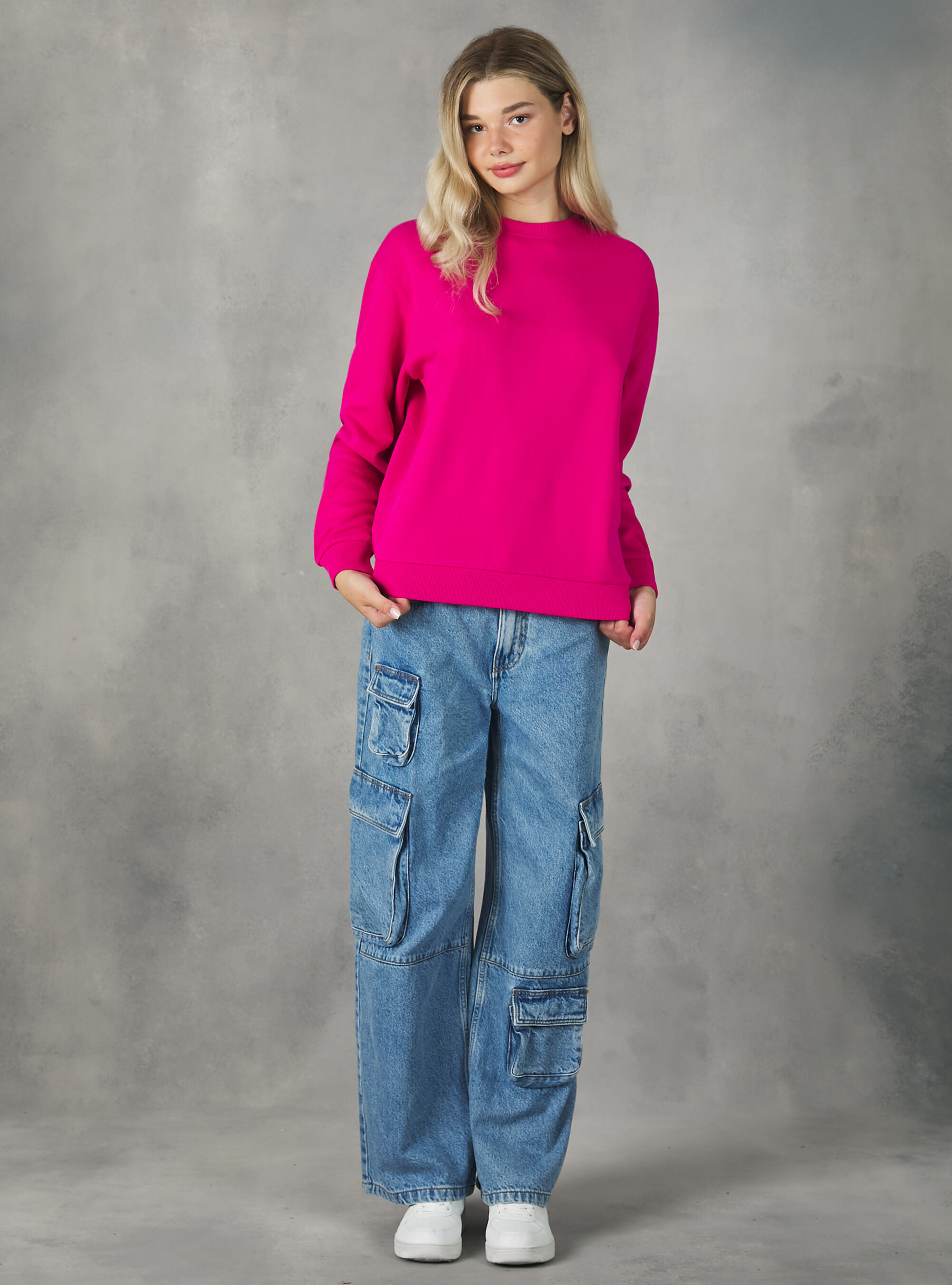 Plain-coloured cotton crew-neck sweatshirt, FX3 FUXIA LIGHT