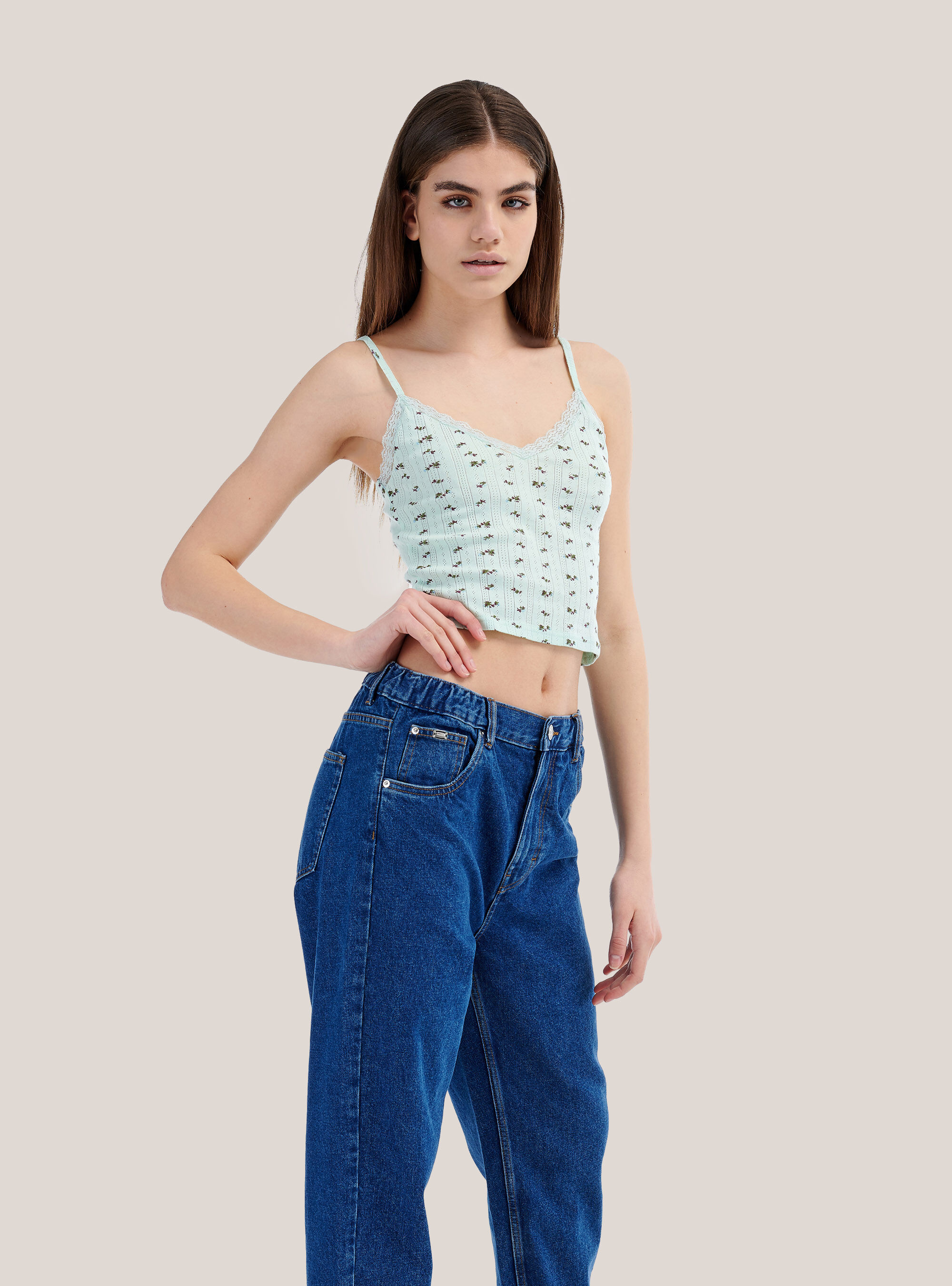 Cropped top a costina con stampa a fiori, C6692 MINT