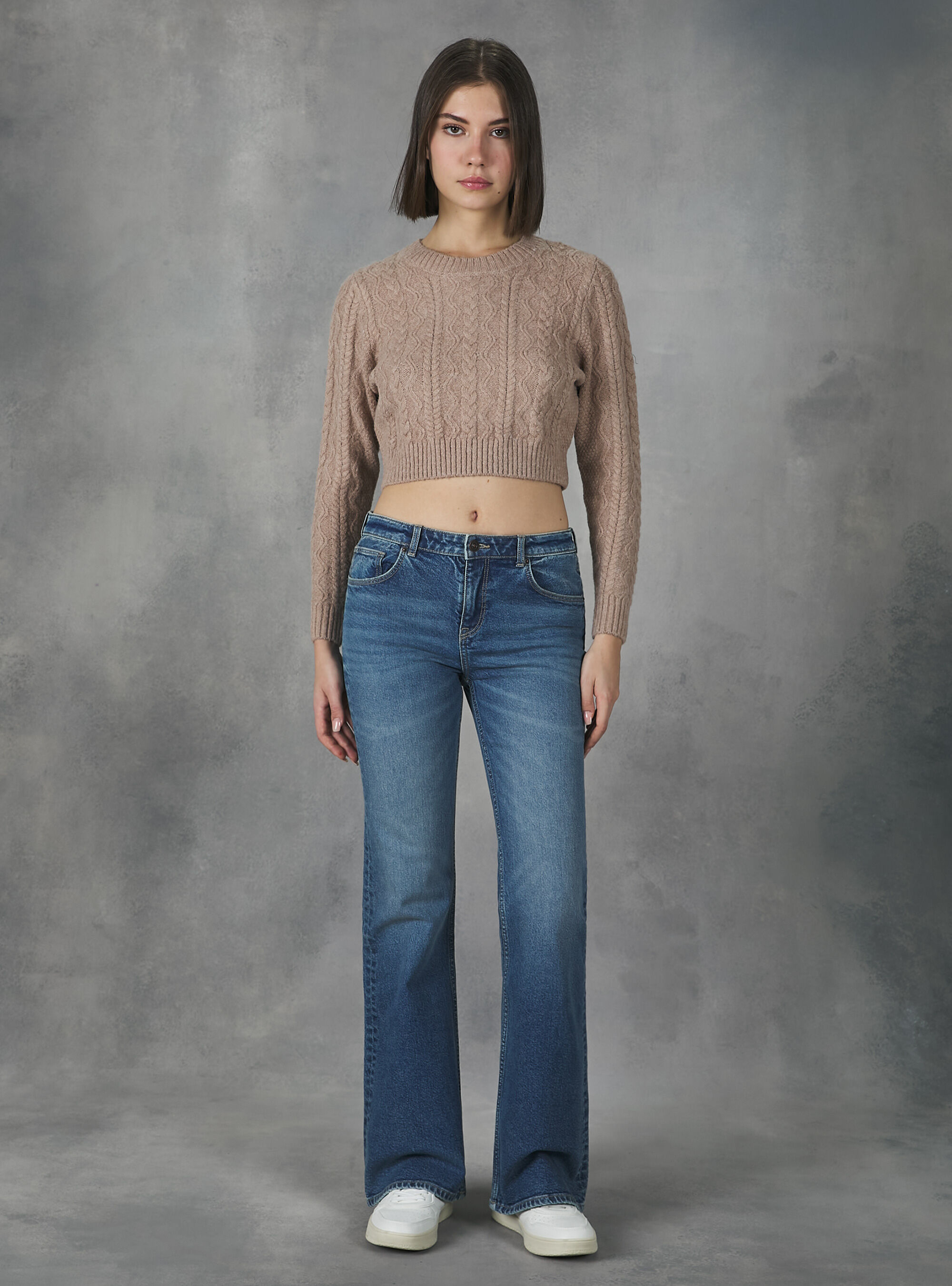 Cropped pullover with braids, MBG1 BEIGE MEL DARK