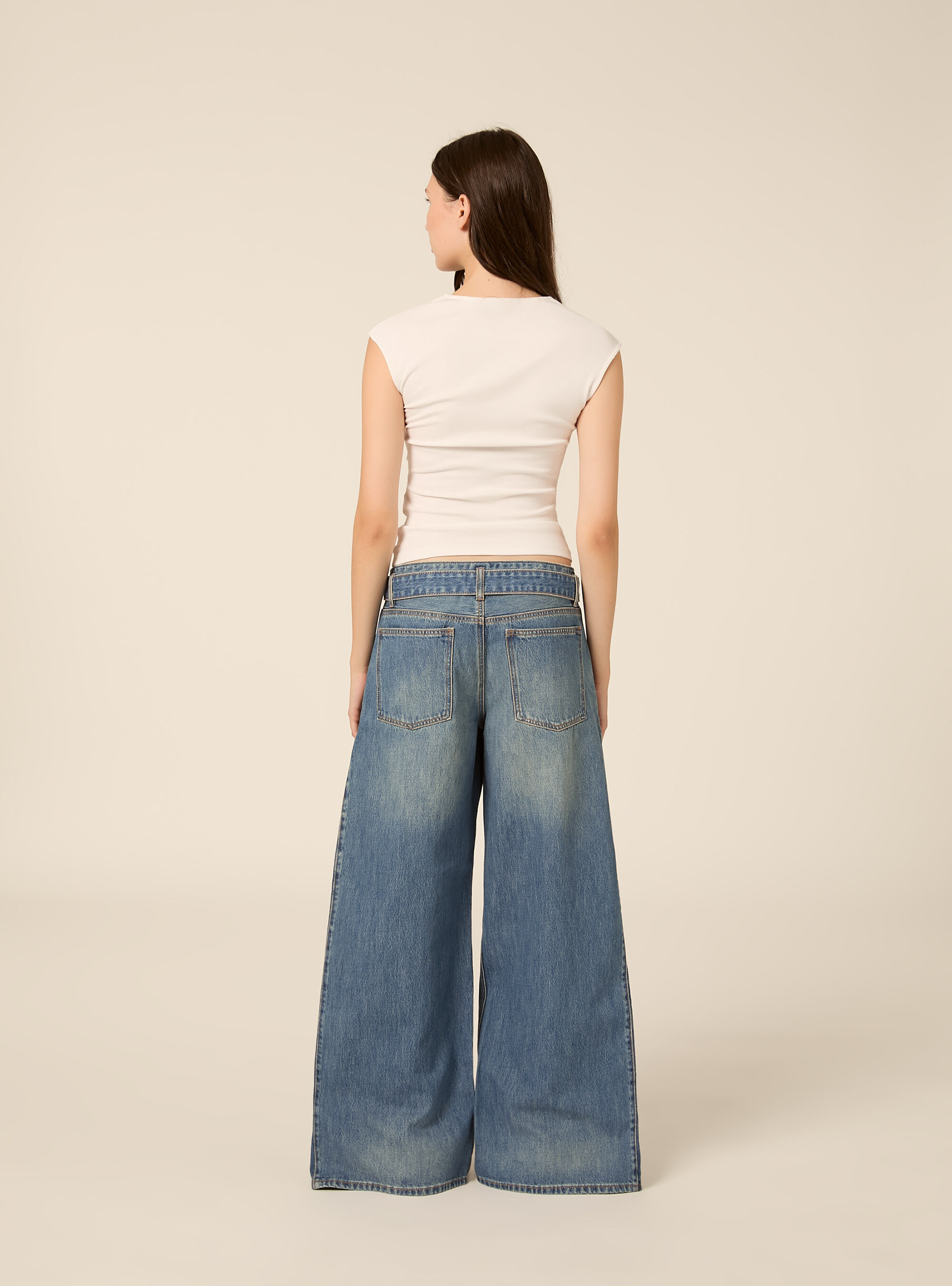 Vaqueros palazzo wide leg de talle bajo con abertura lateral, D004 MEDIUM LIGHT BLUE