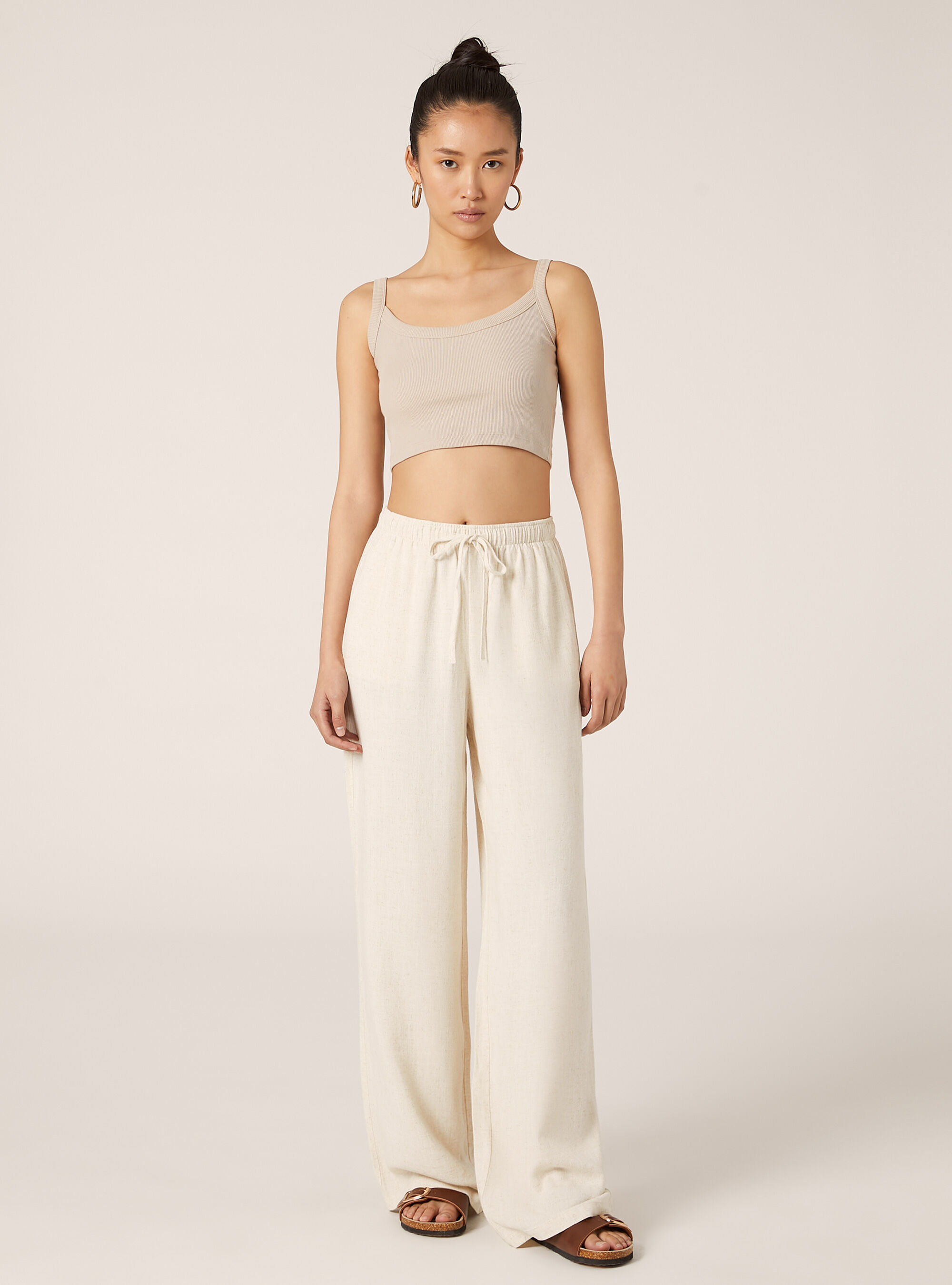 Pantal&oacute;n palazzo en mezcla de lino, MBG3 BEIGE MEL LIGHT