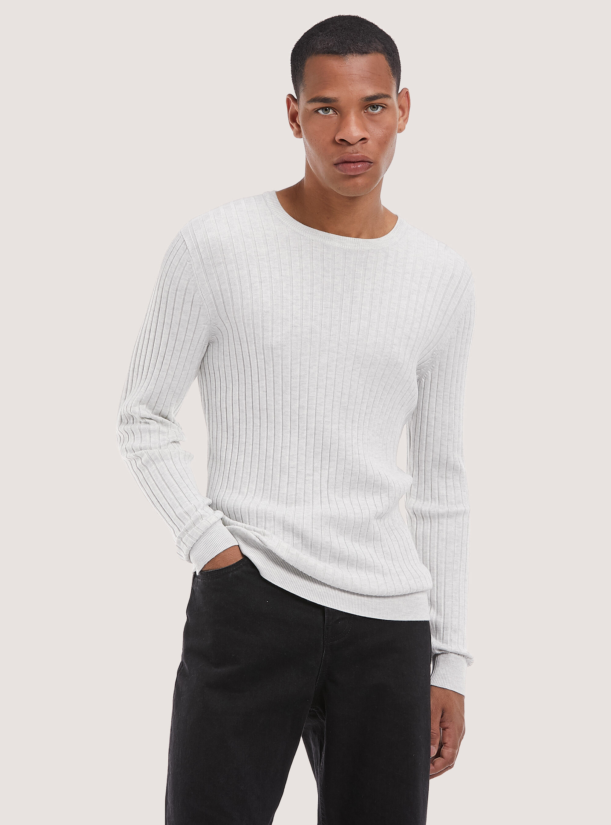 Pullover girocollo a coste in morbida viscosa, MGY3 GREY MEL LIGHT