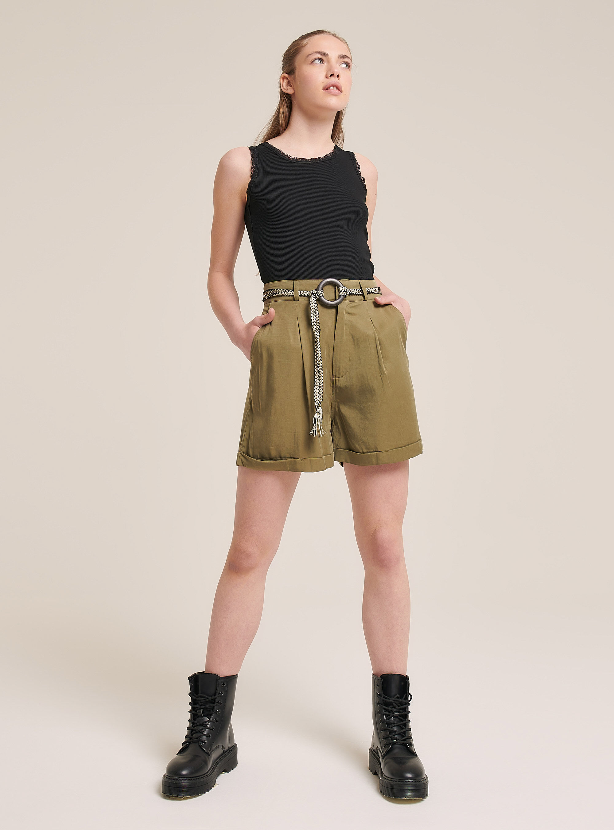 Basic cotton tank top with lace trim, BLACK