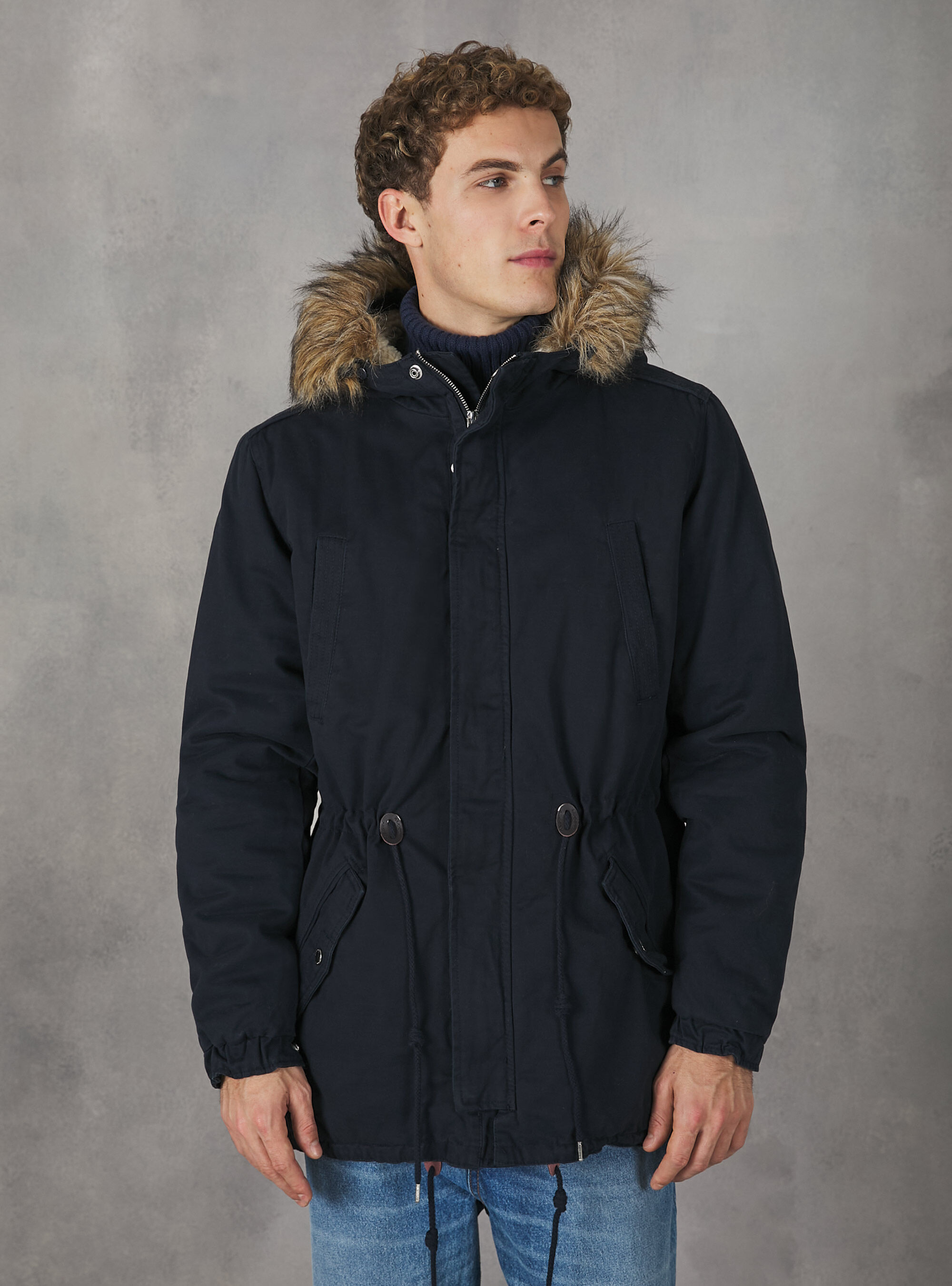 PARKA JACKET WITH FAKE LAMBSKIN, BLUE
