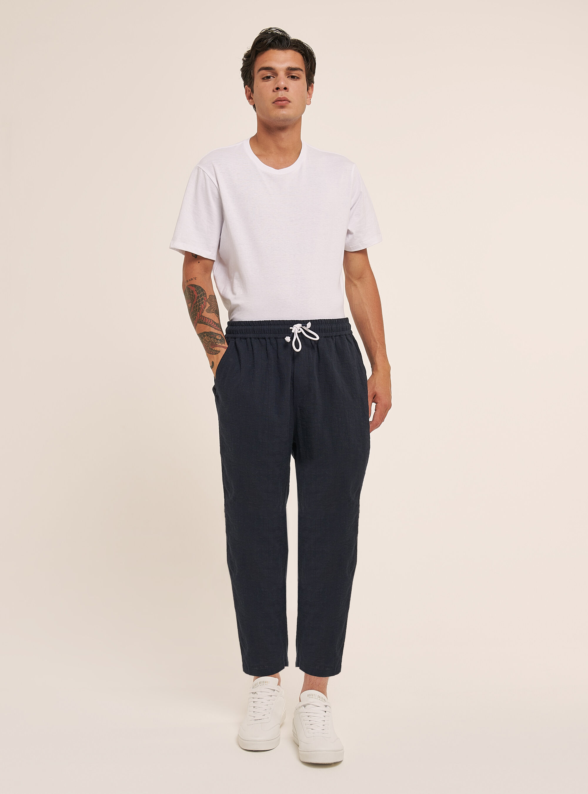 Pantalon en coton avec cordon de serrage &agrave; la taille, C214 BLUE NAVY