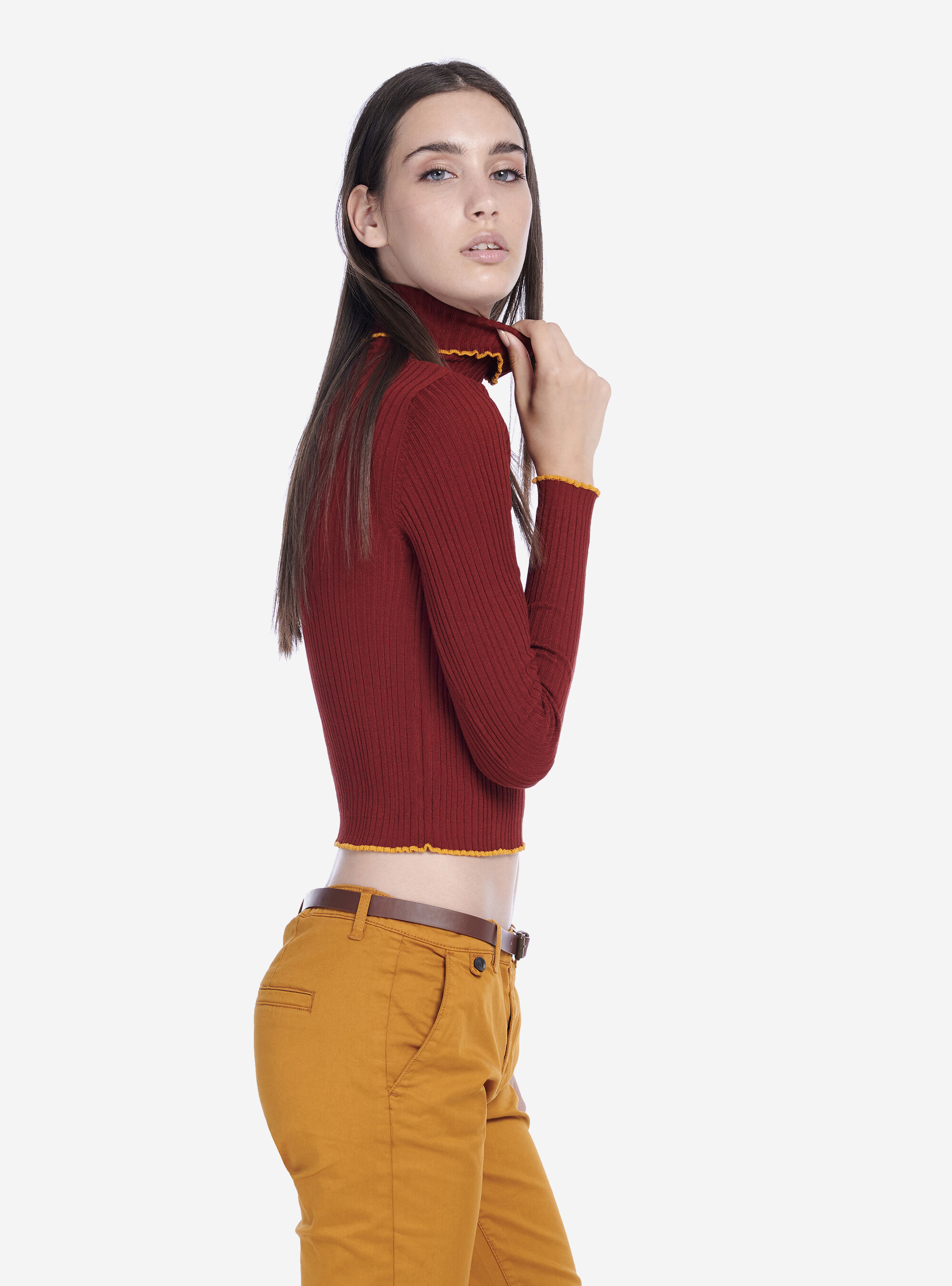 HIGH-NECKED PULLOVER WITH WAVY ENDS, DARK ORANGE