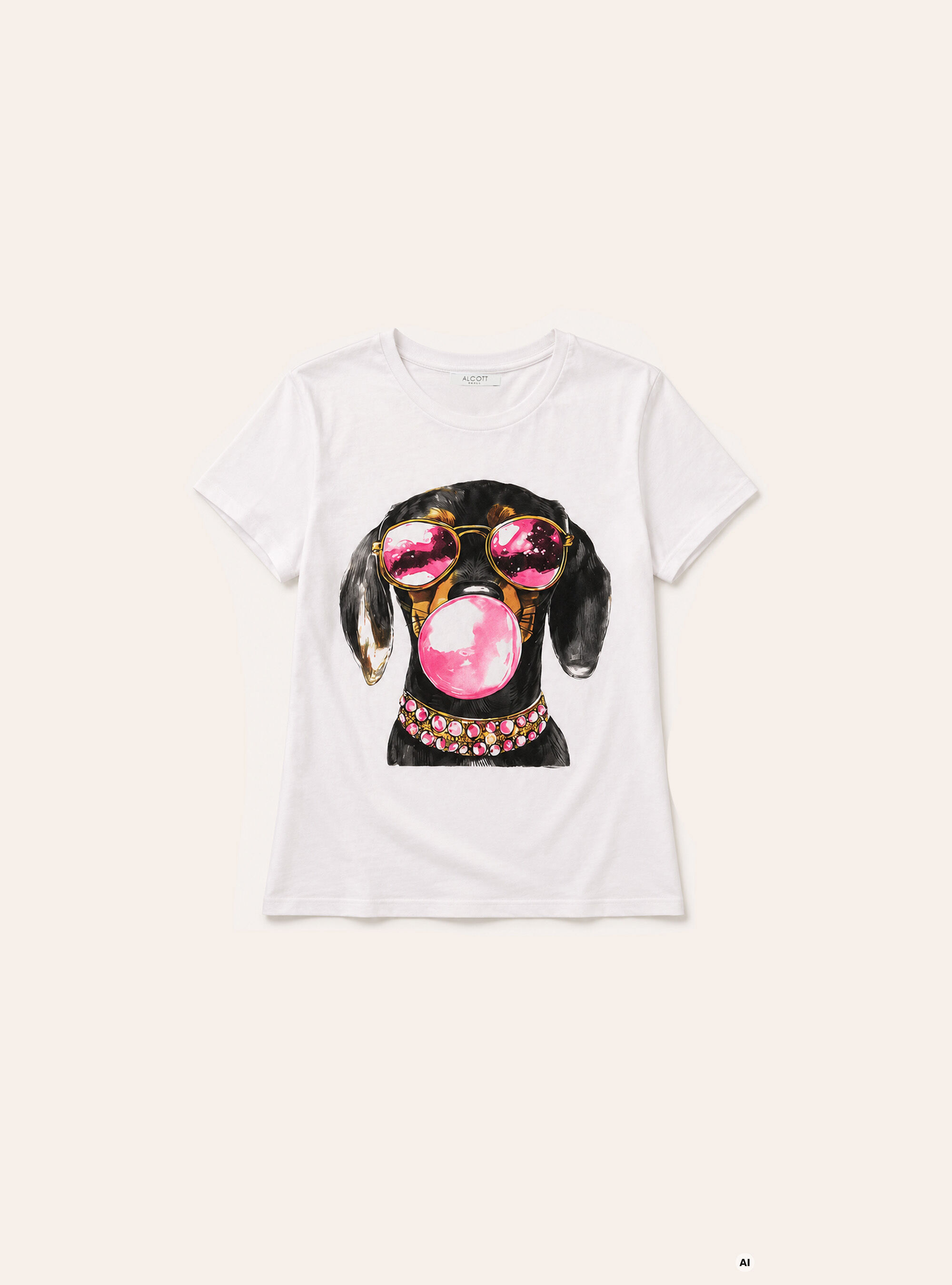 T-shirt regular con stampa cane, WH3 WHITE