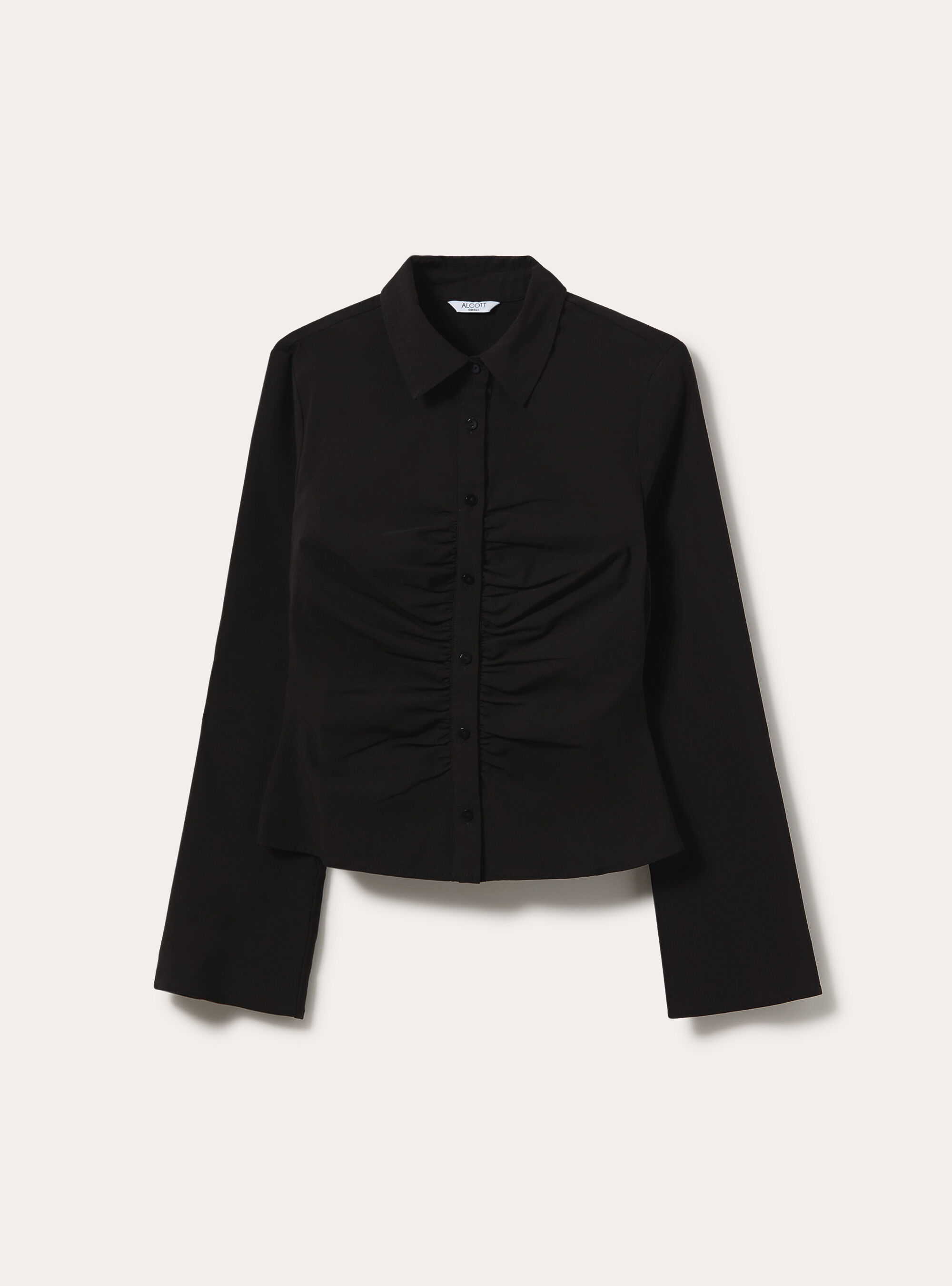 Camisa de manga larga fruncida en el delantero, BK1 BLACK