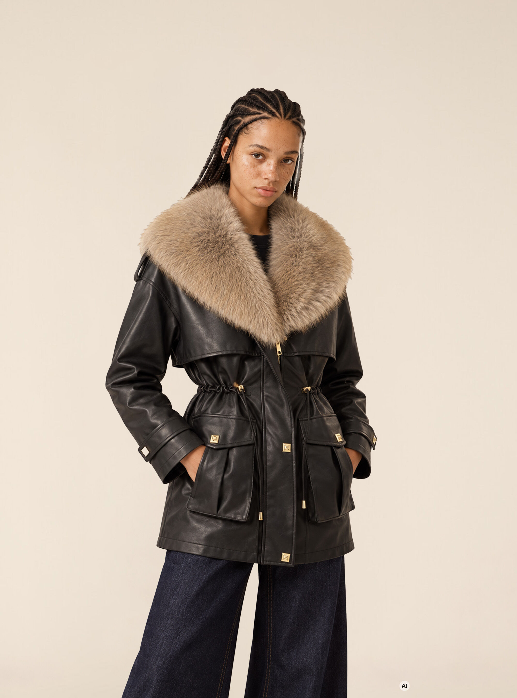 Faux leather jacket with faux fur collar