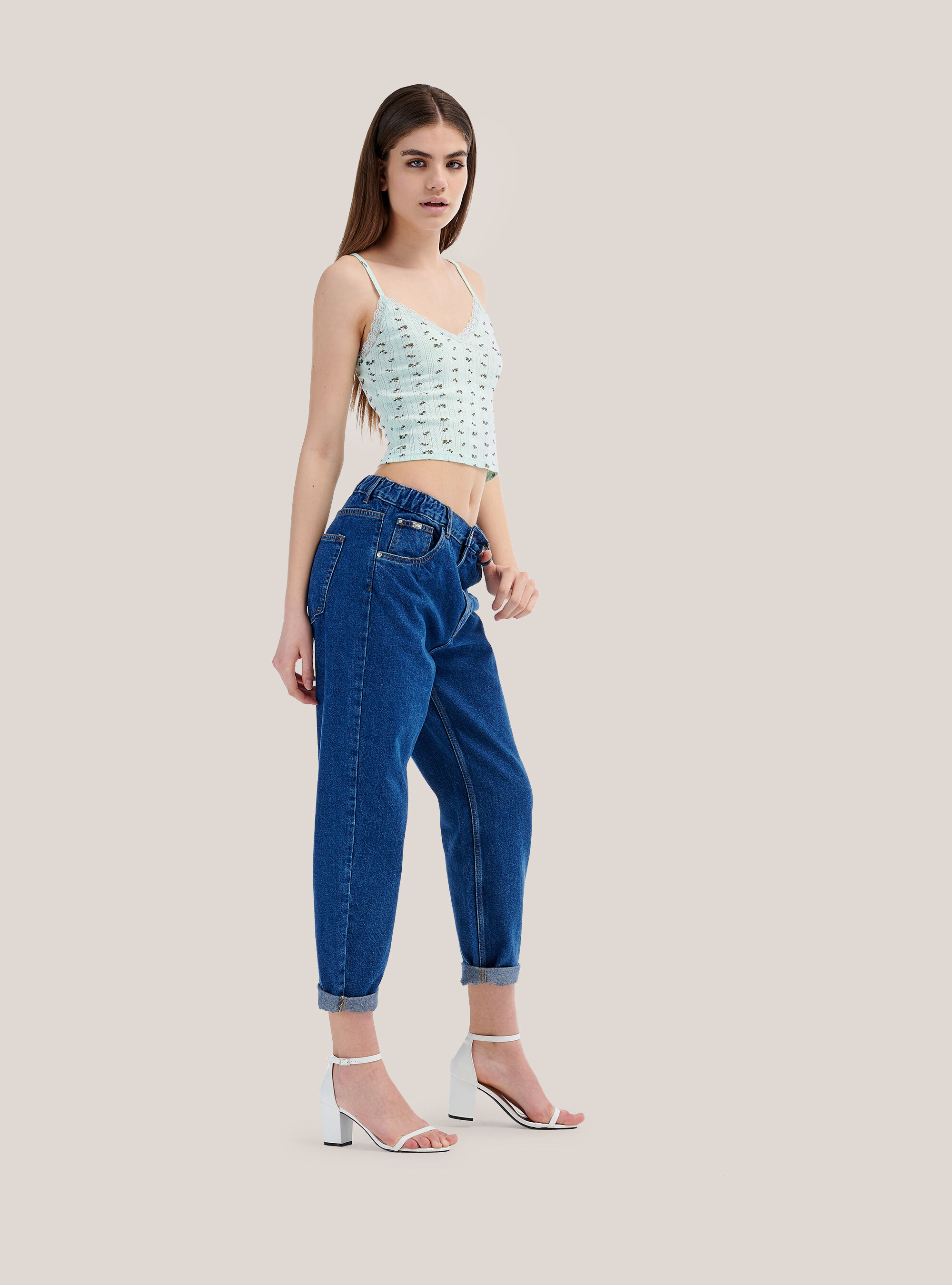 Cropped top a costina con stampa a fiori, C6692 MINT