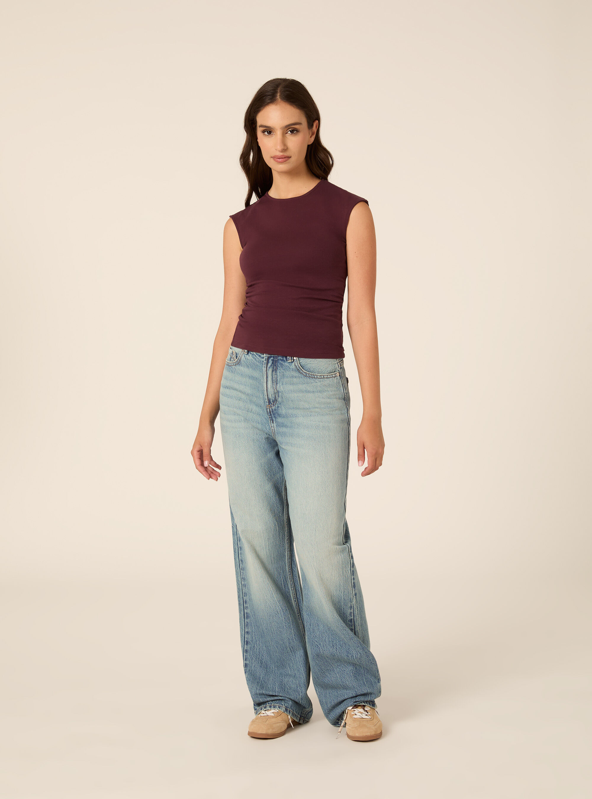 T-shirt basic con arriccio, BO1 BORDEAUX DARK