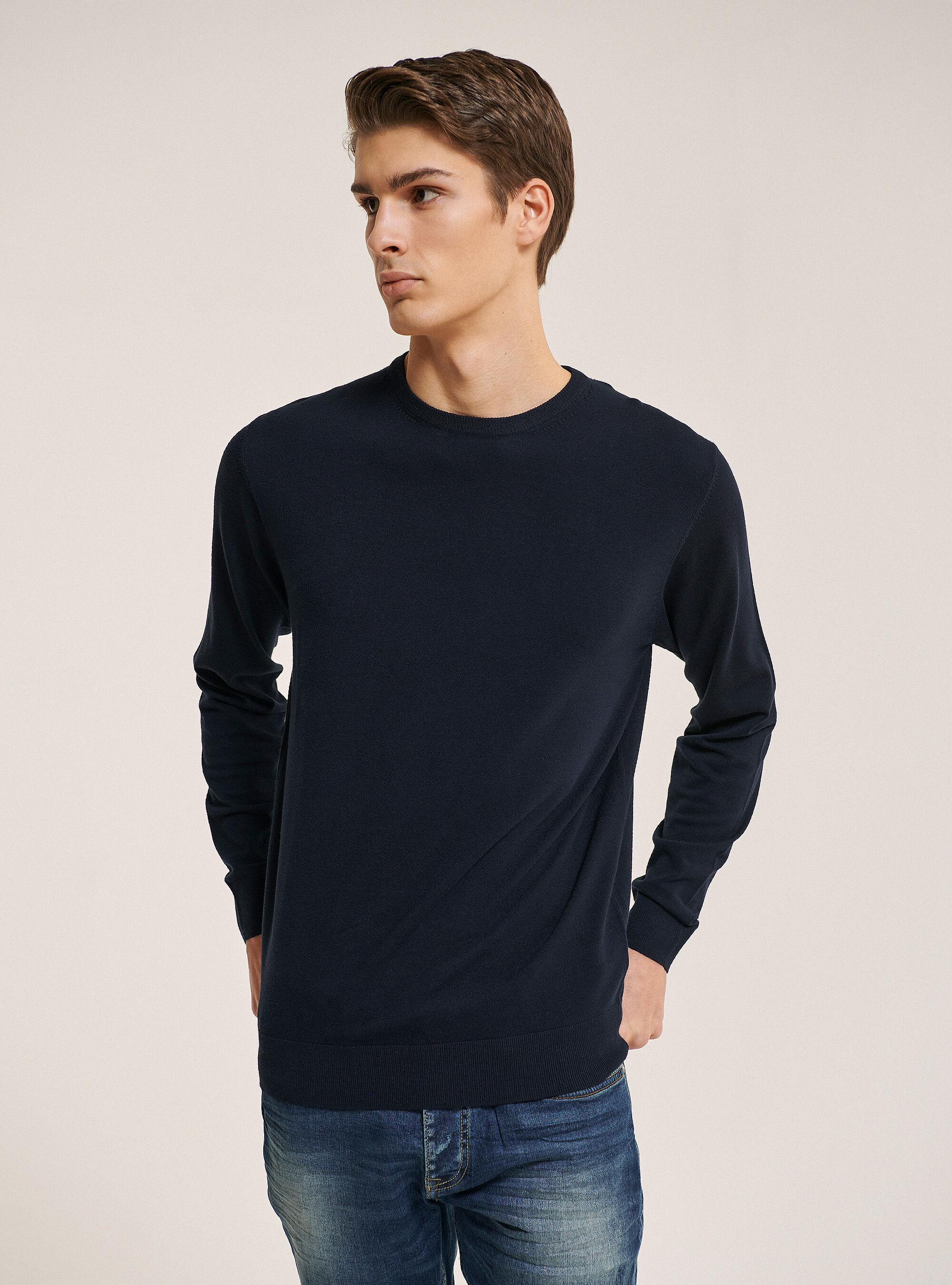 Jersey de cuello redondo de color s&oacute;lido, AZUL MARINO