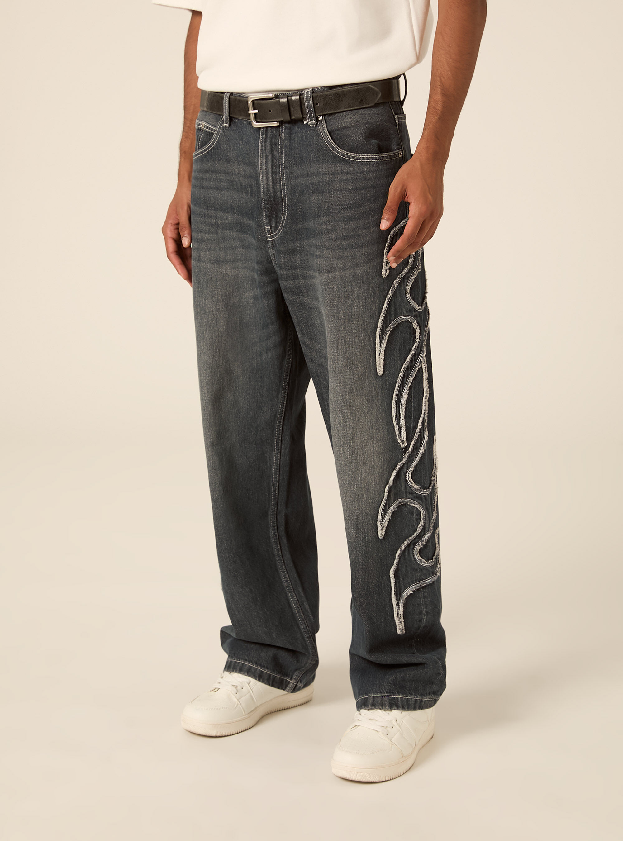 Baggy fit jeans mit flammen detail, D101 BLUE MED OVERDYE