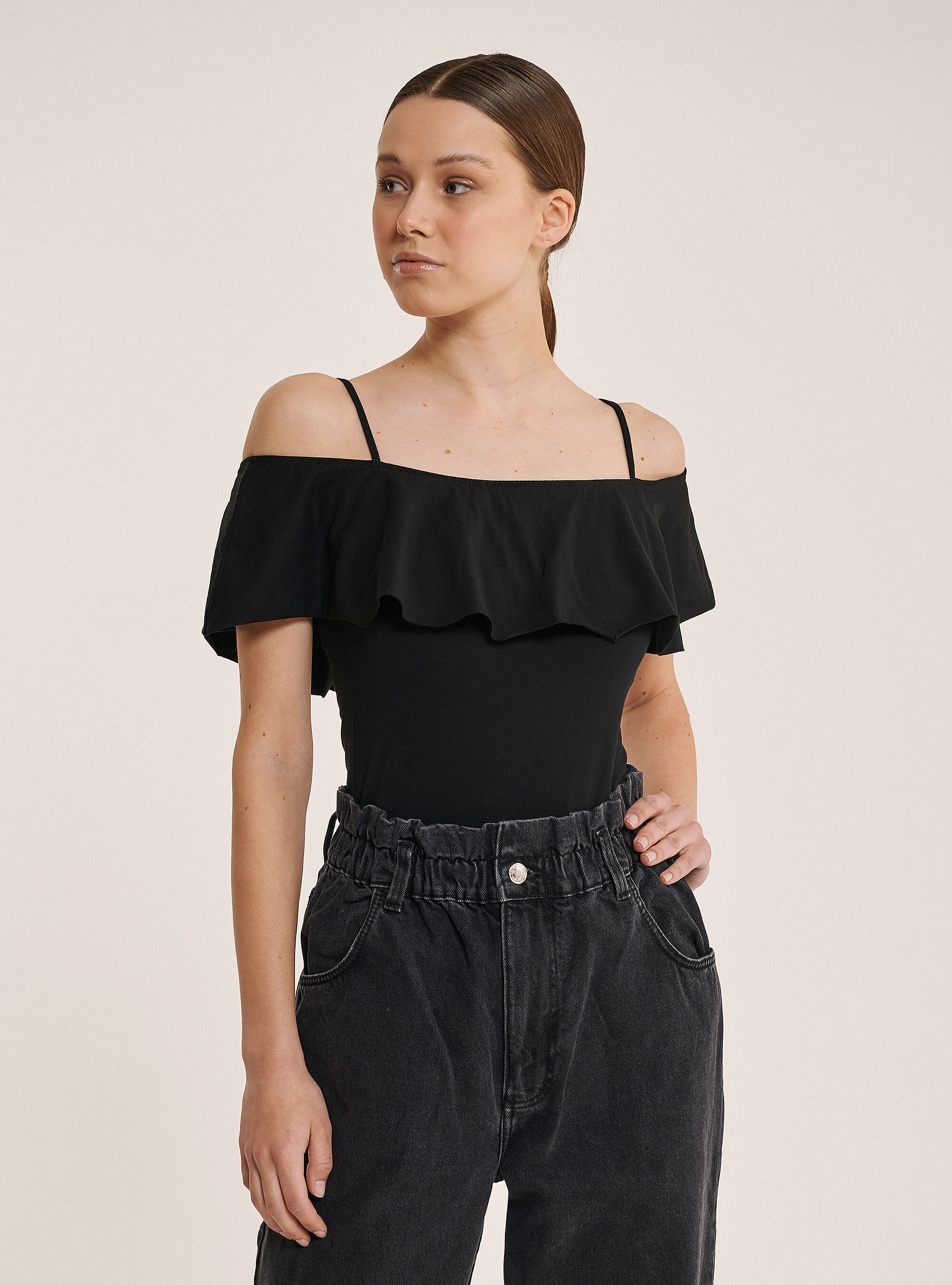 Body de algod&oacute;n con volantes, NEGRO