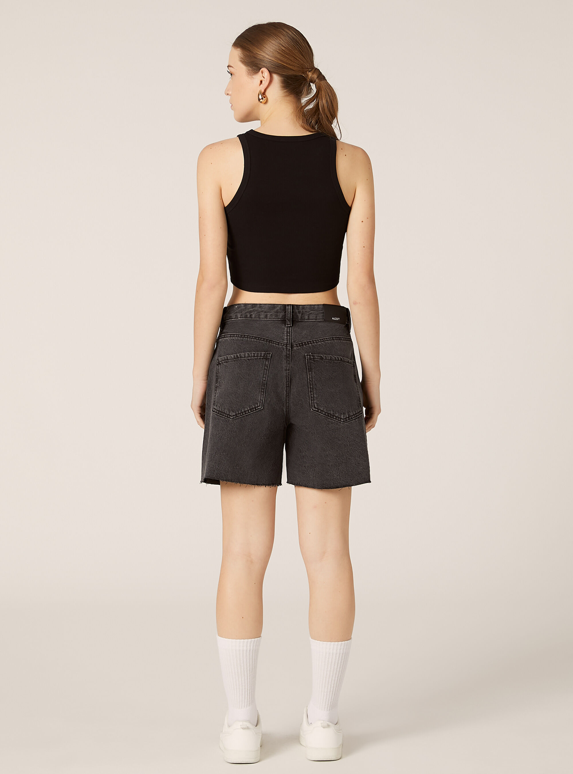 Longline denim shorts with rhinestones, D000 BLACK