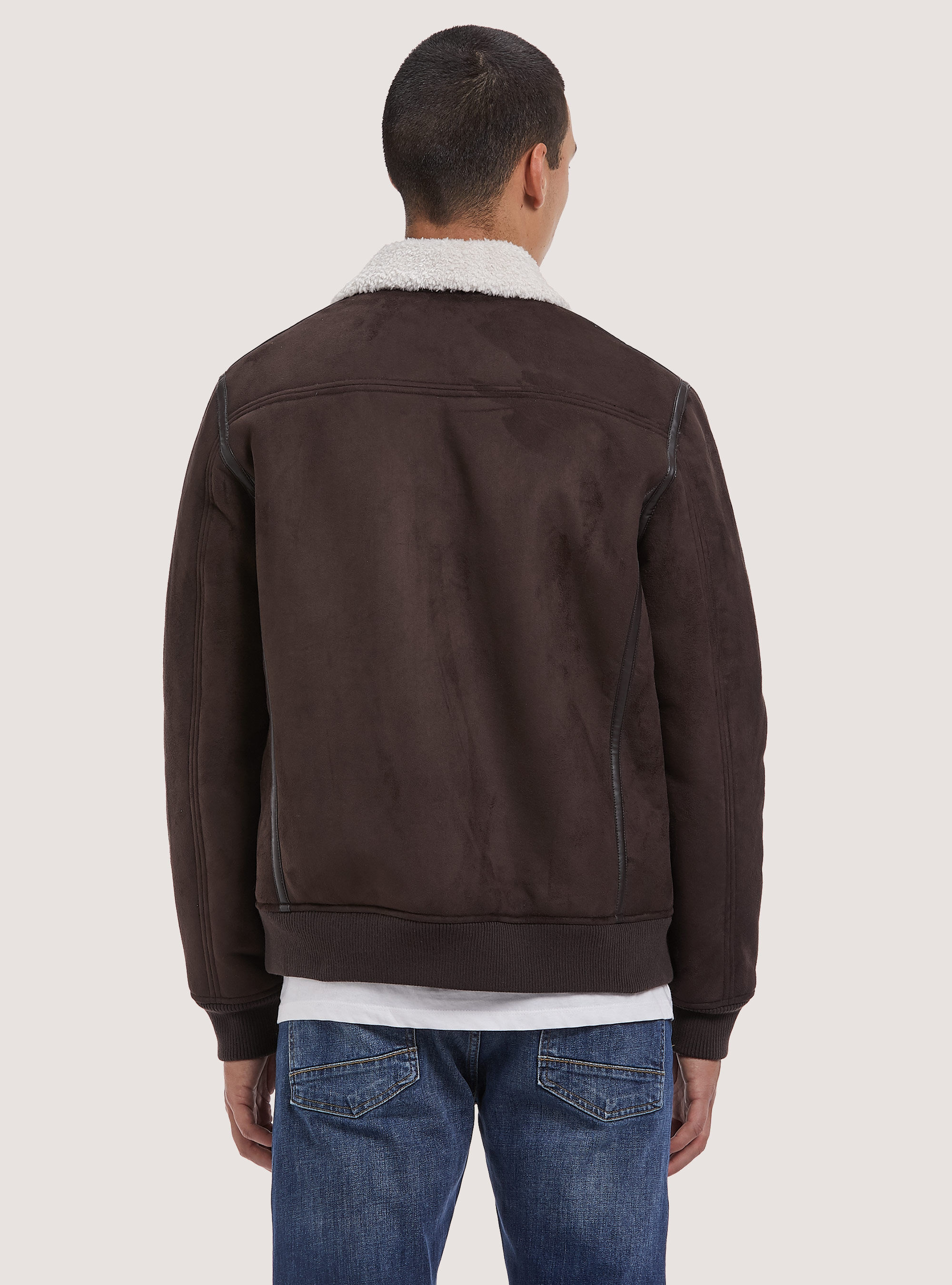 Giubbotto effetto suede con collo agnellato, BR1 BROWN DARK