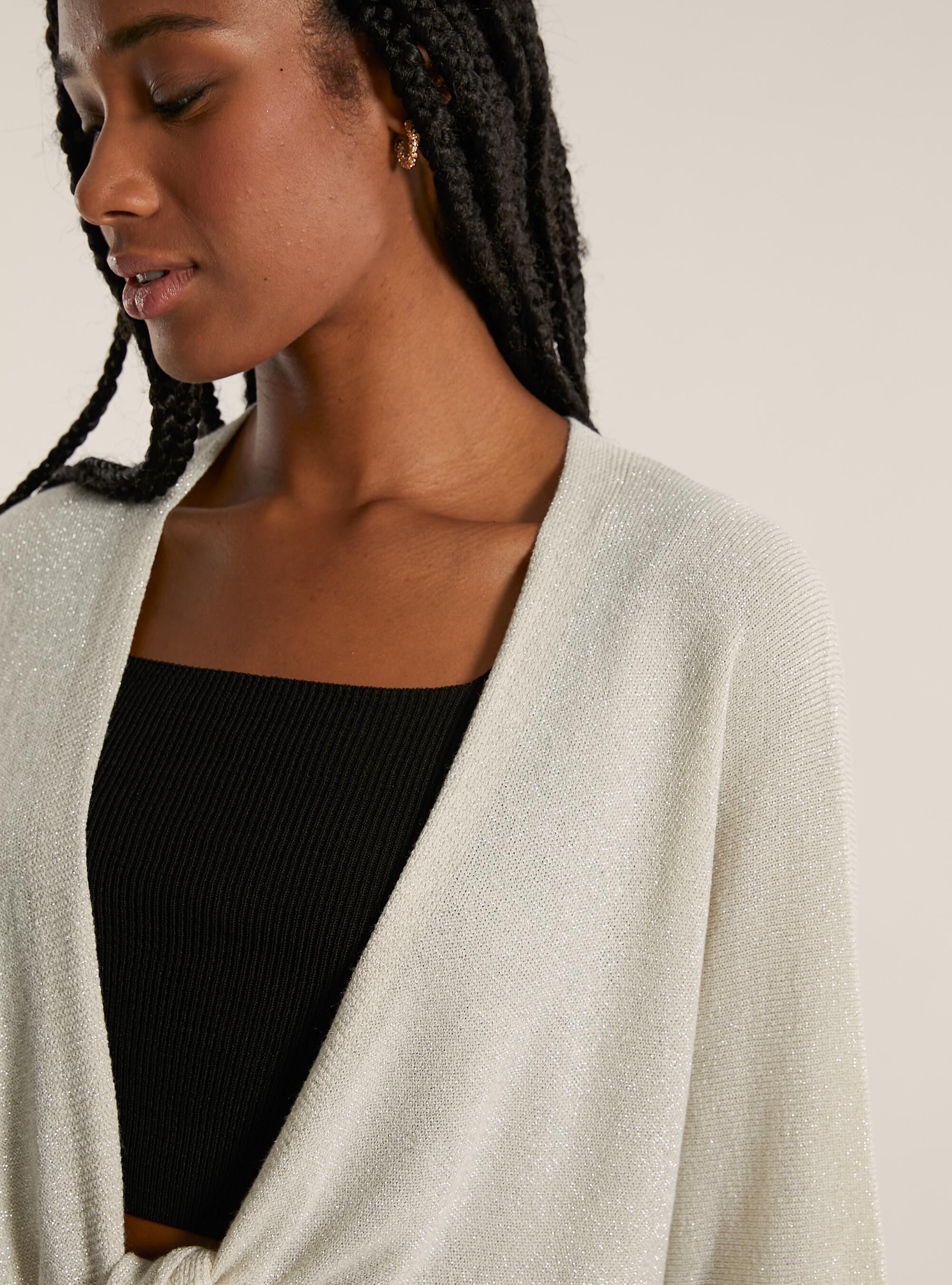 Cardigan lurex aperto con nodo, BG2 BEIGE MEDIUM
