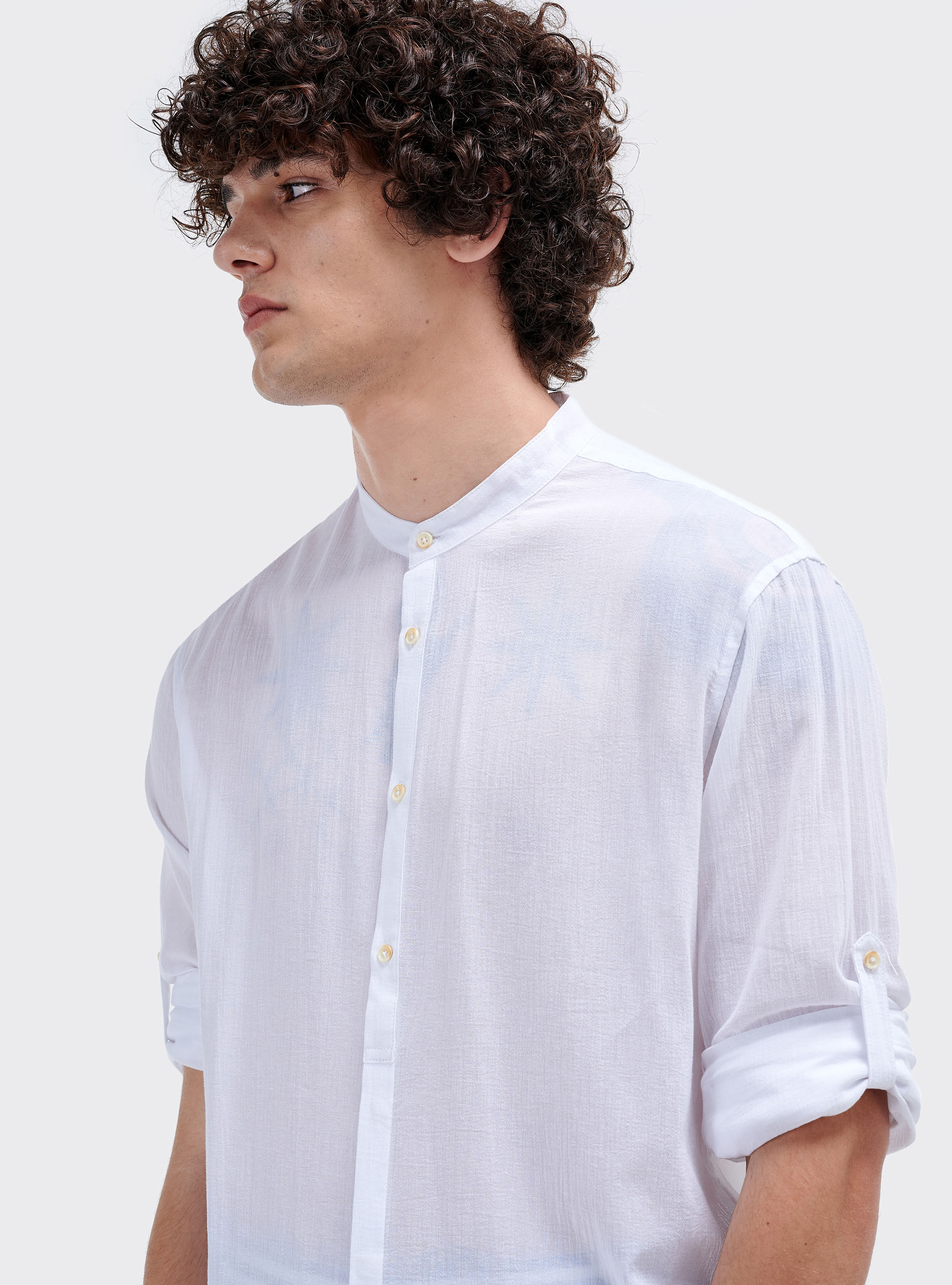 Chemise col mao &agrave; manches longues, C099 WHITE