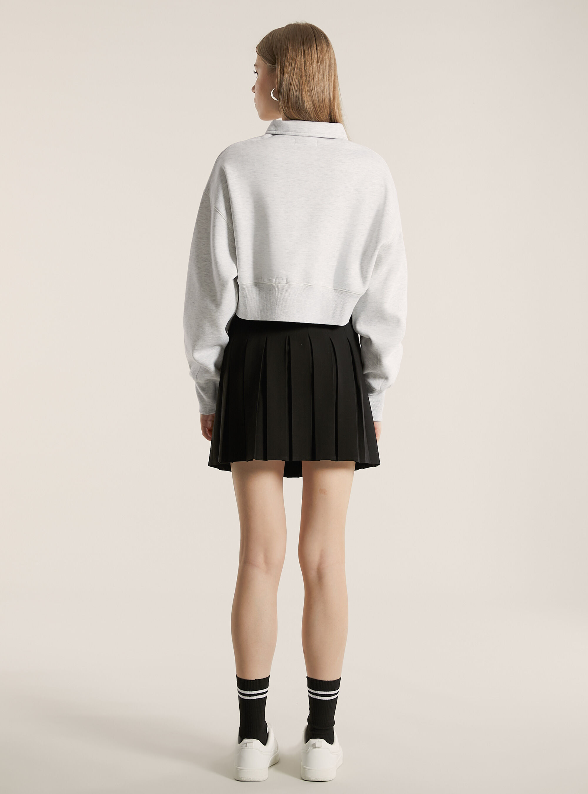 Felpa cropped con collo polo e zip, MGY3 GREY MEL LIGHT