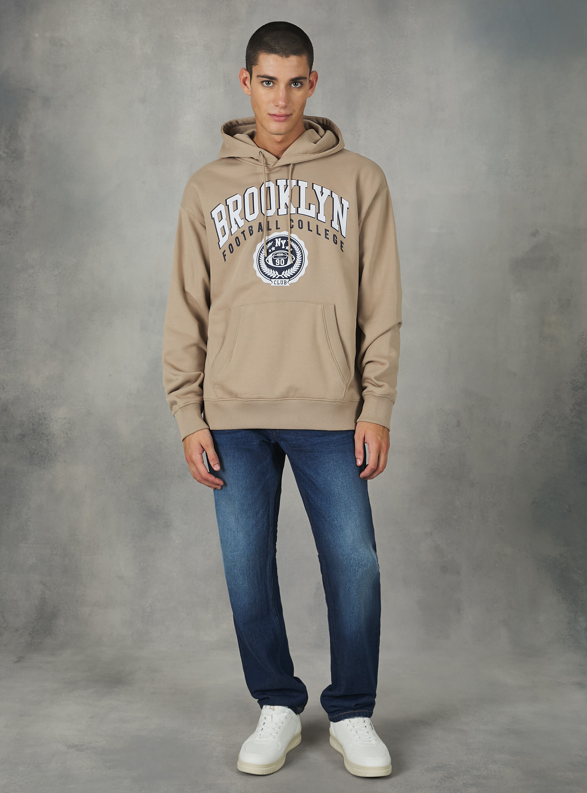 College Print Hoodie, BG1 BEIGE DARK