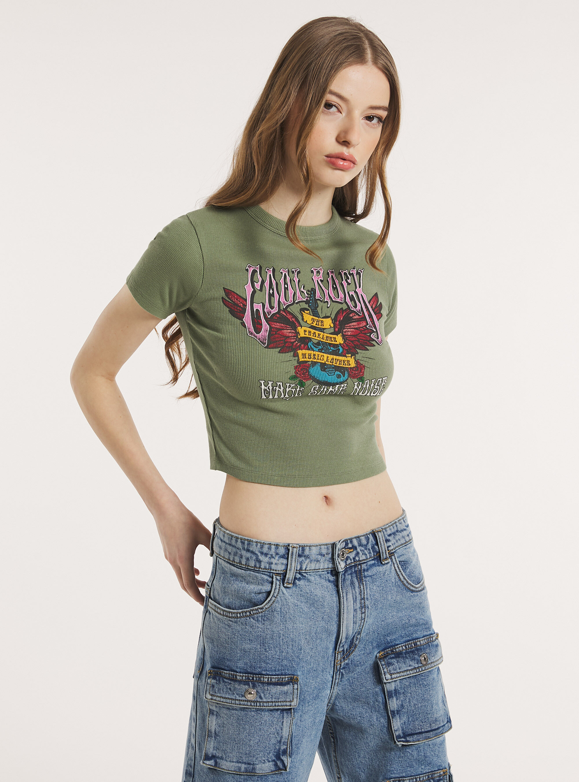 Ribbed cropped T shirt with print