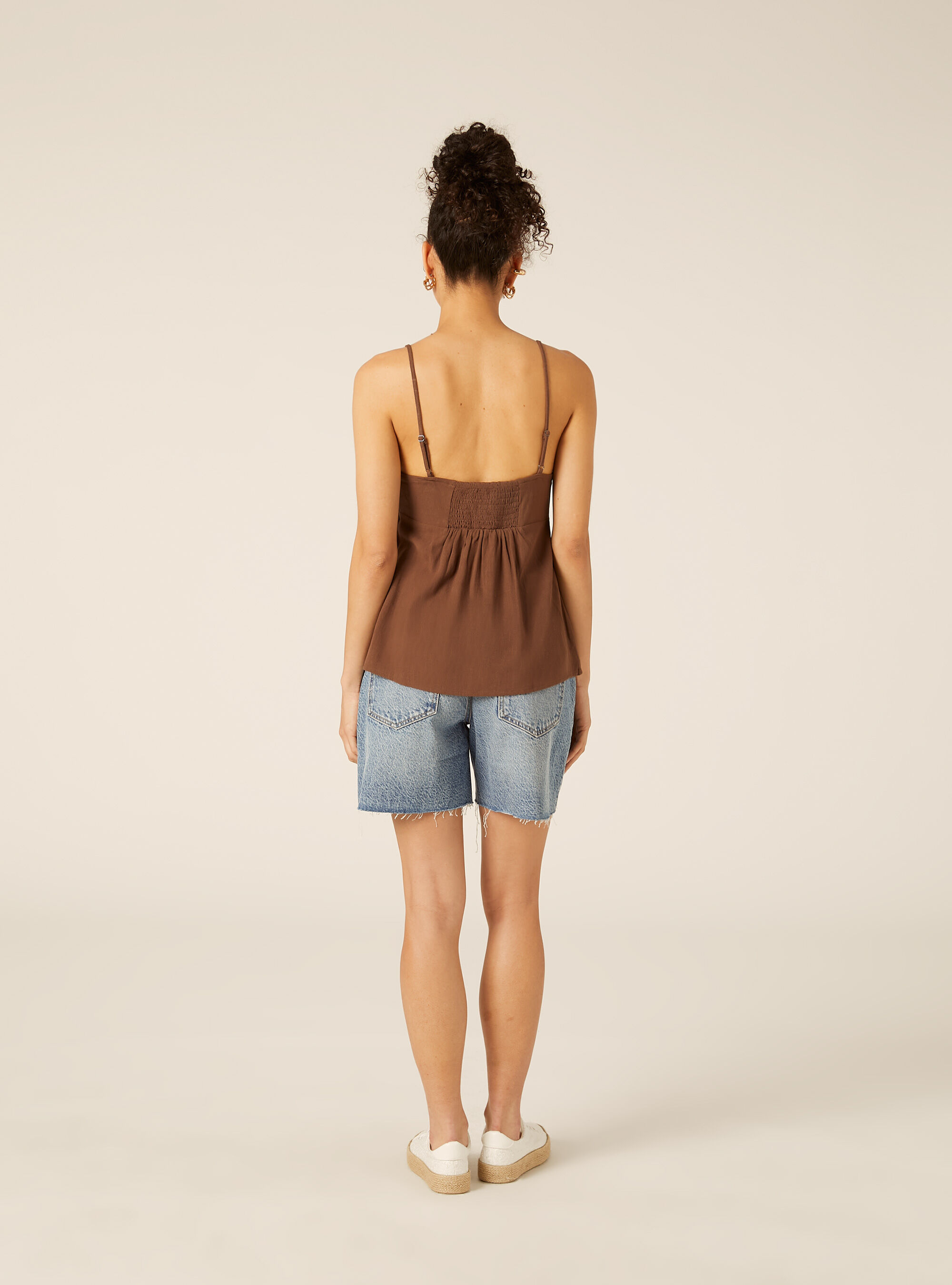 Top con spalline in misto lino, BR3 BROWN LIGHT
