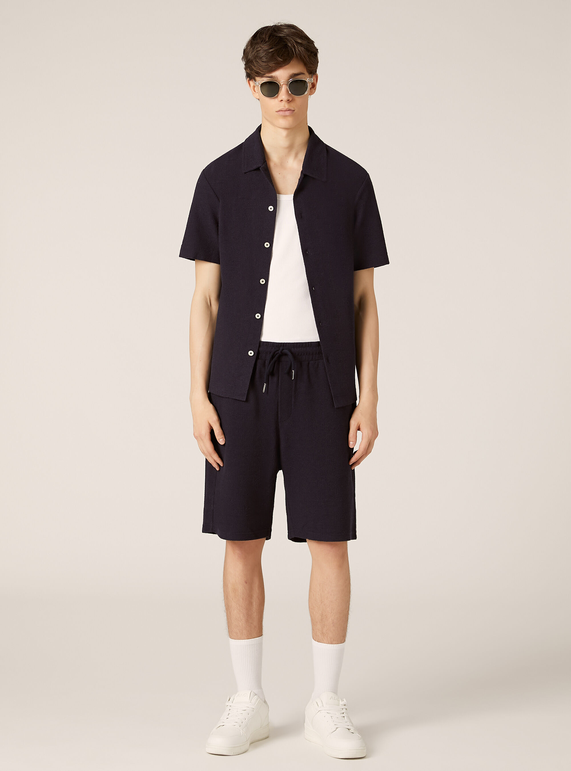 Textured Cotton Bermuda Shirt, NA1 NAVY DARK
