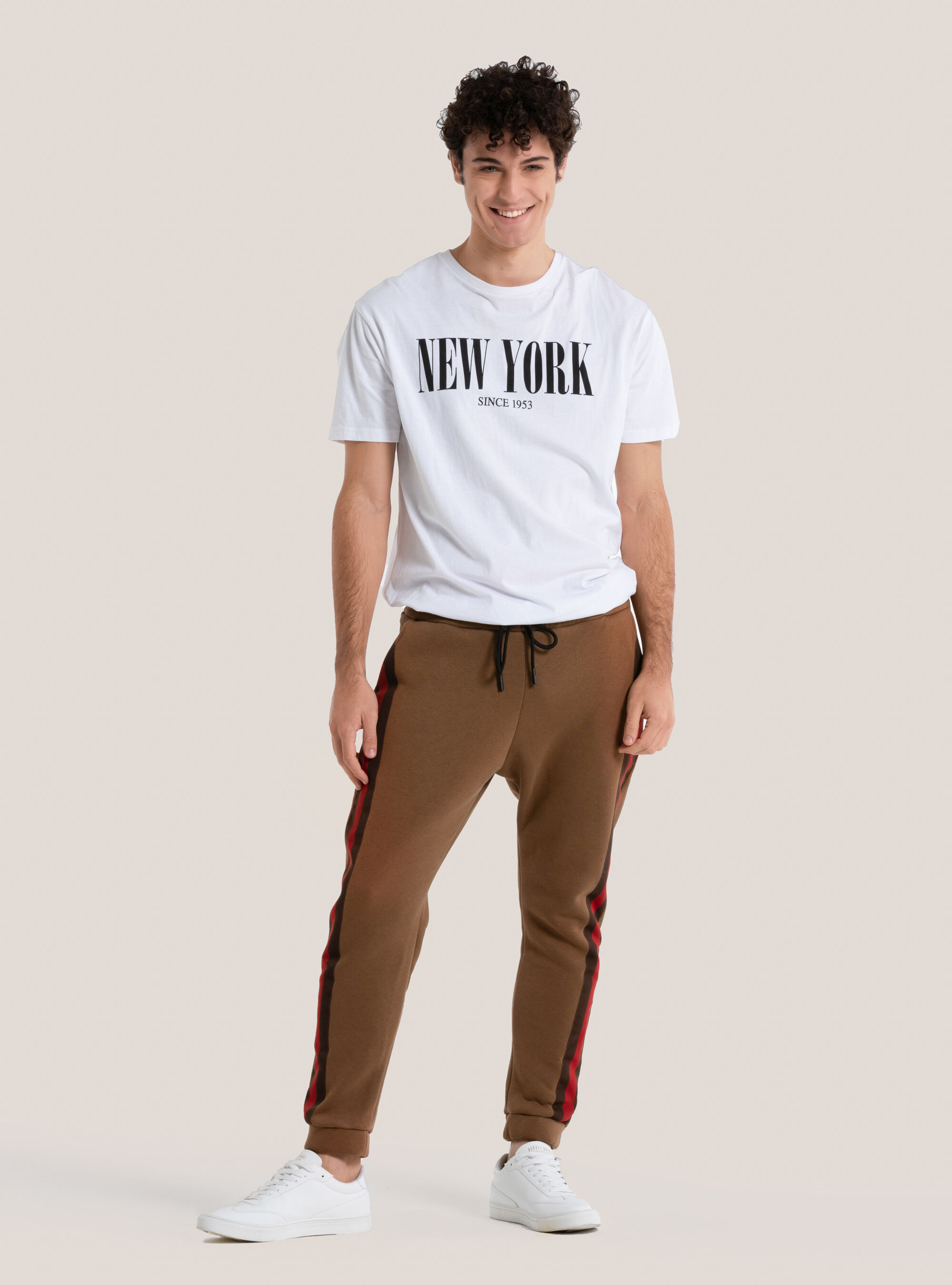 Pantaloni jogger con tape laterali, C104 CREAM