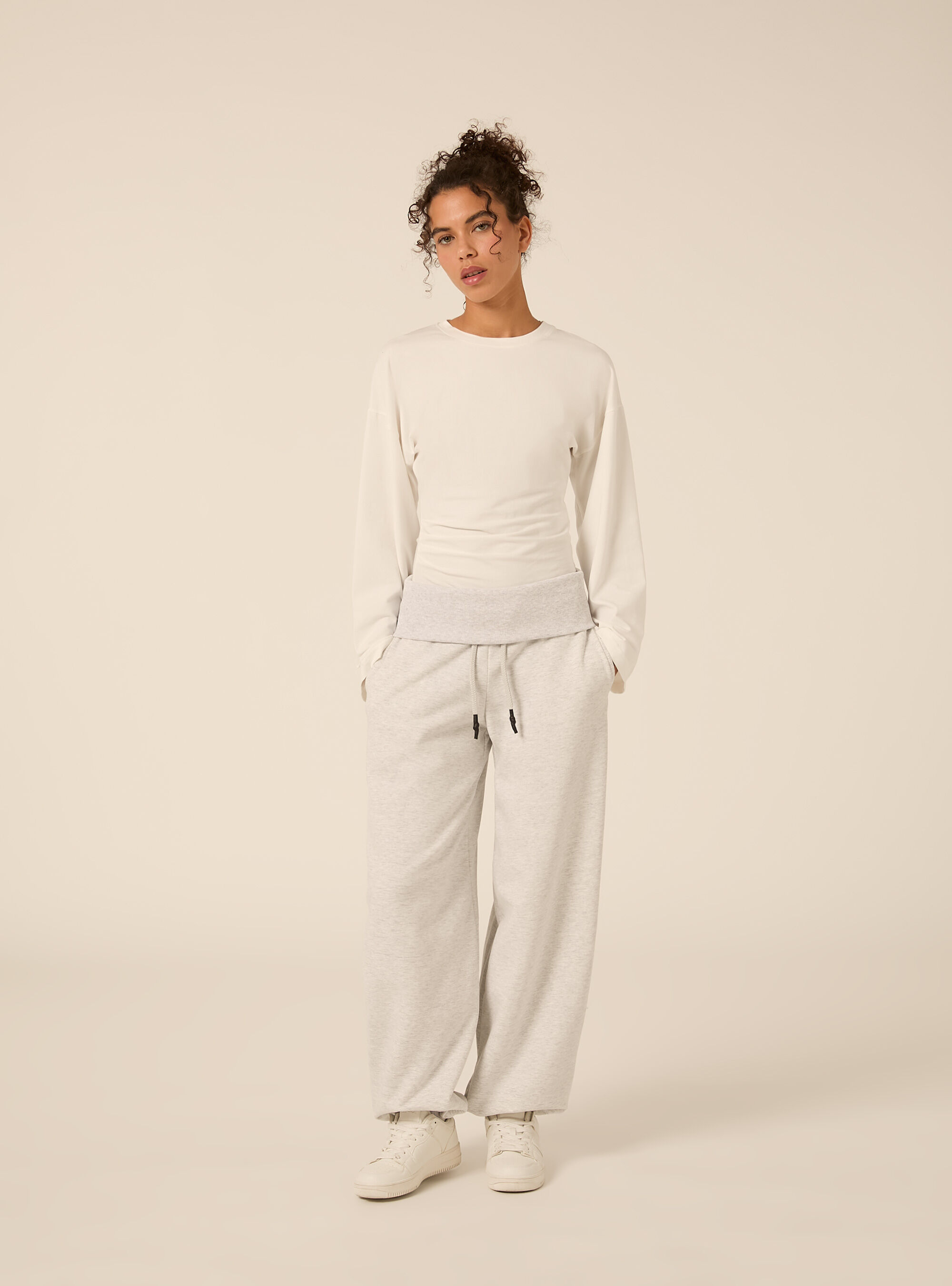 Pantaloni Jogger barrel fit con fascia risvoltata, GRIGIO CHIARO MELANGE
