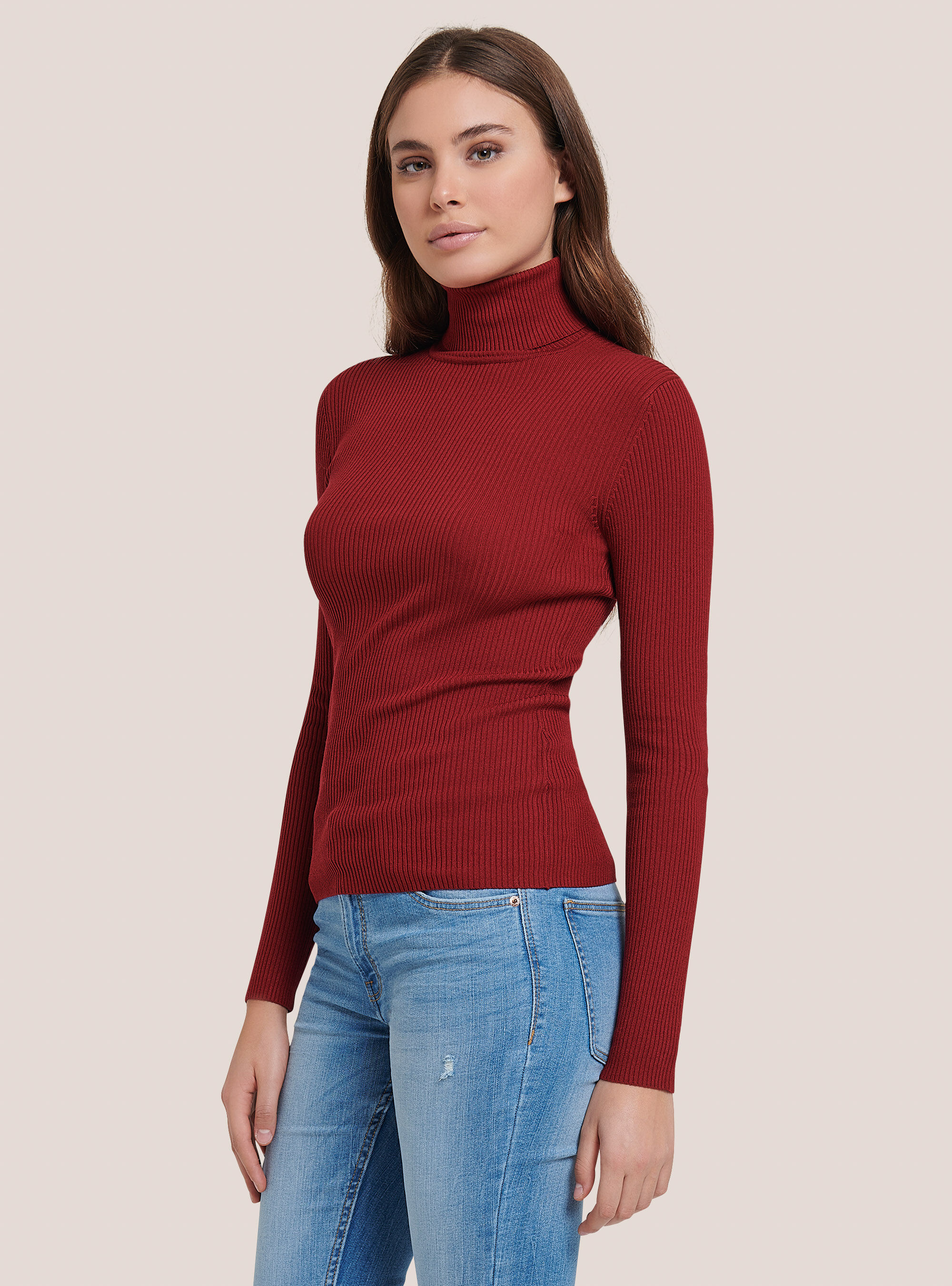 Ribbed turtleneck pullover, RED