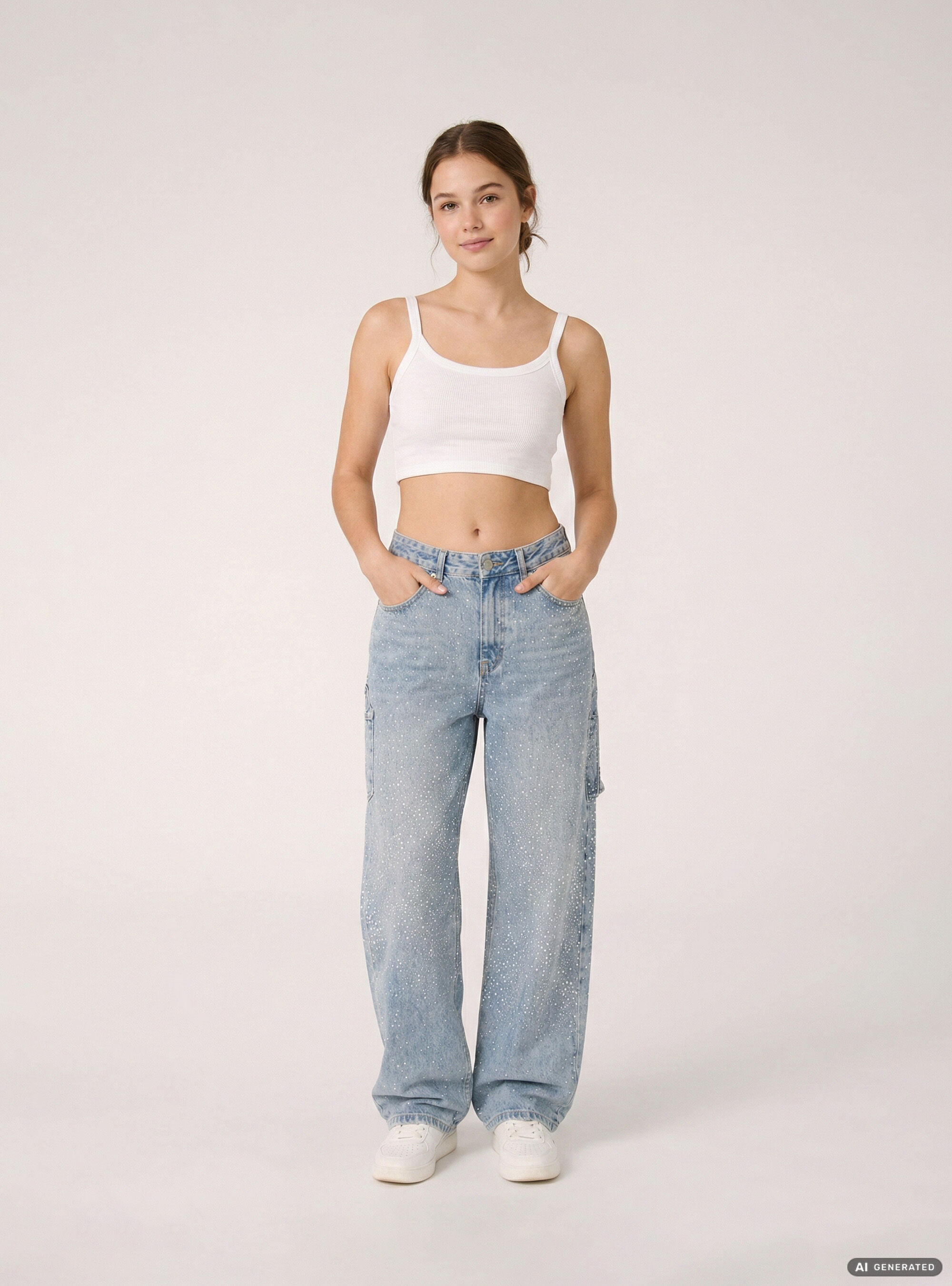 Baggy-Jeans im Carpenter-Stil mit Strasssteinen