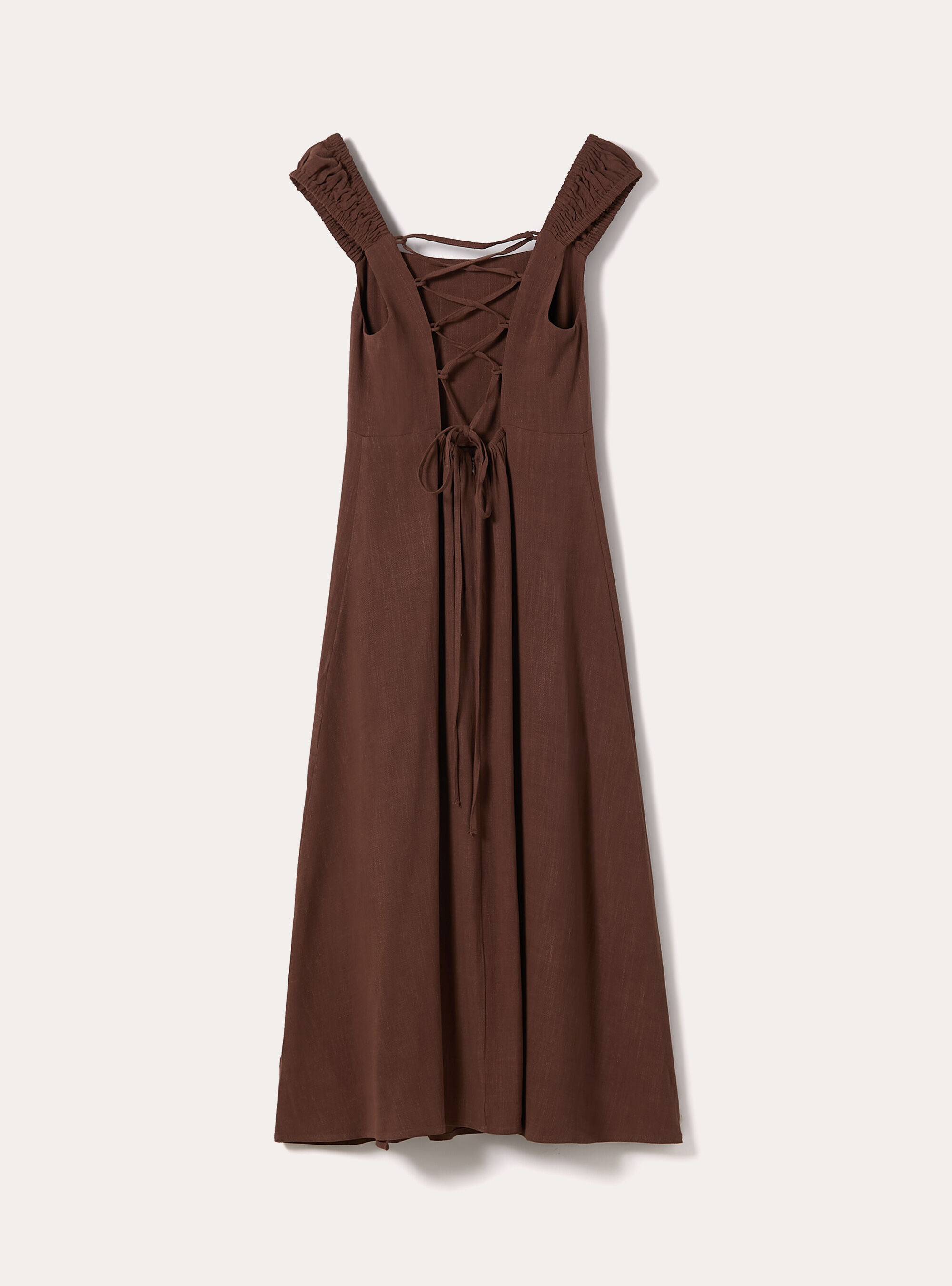 Vestito incrociato sulla schiena in misto lino, BR1 BROWN DARK