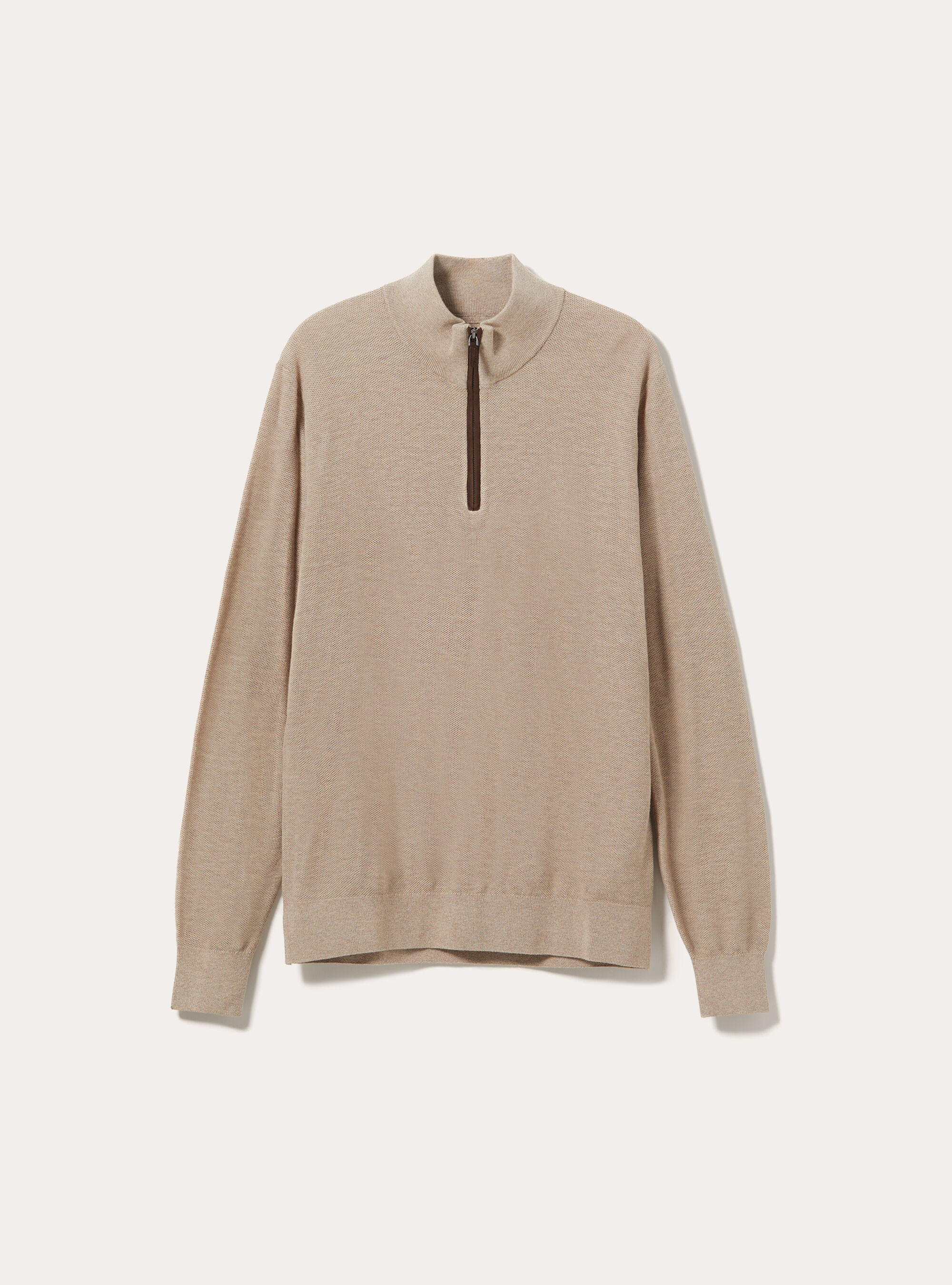 Jersey de media cremallera en mezcla de cachemira con cuello alto, MBG3 BEIGE MEL LIGHT