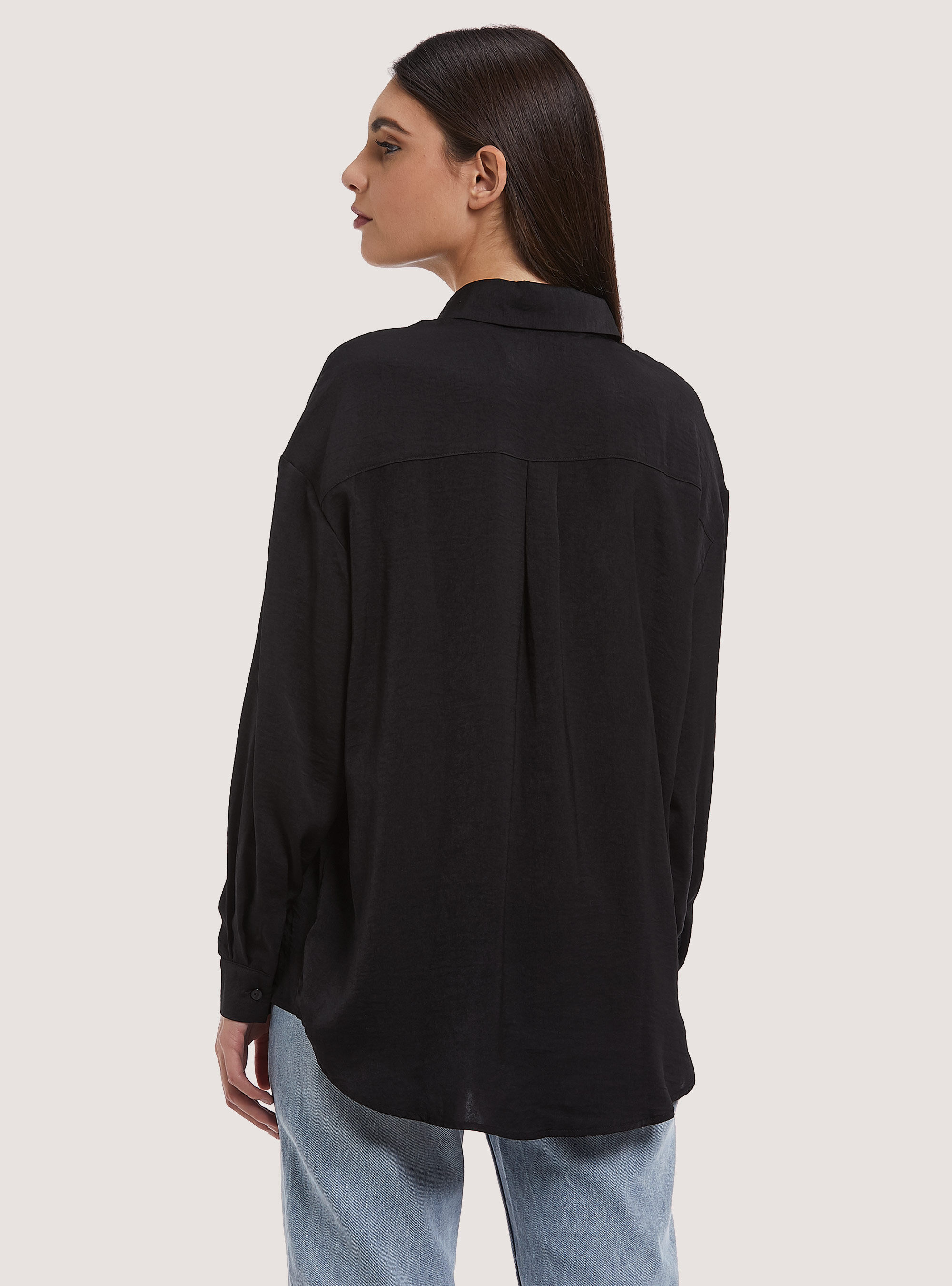Solid-coloured satin shirt, BK1 BLACK