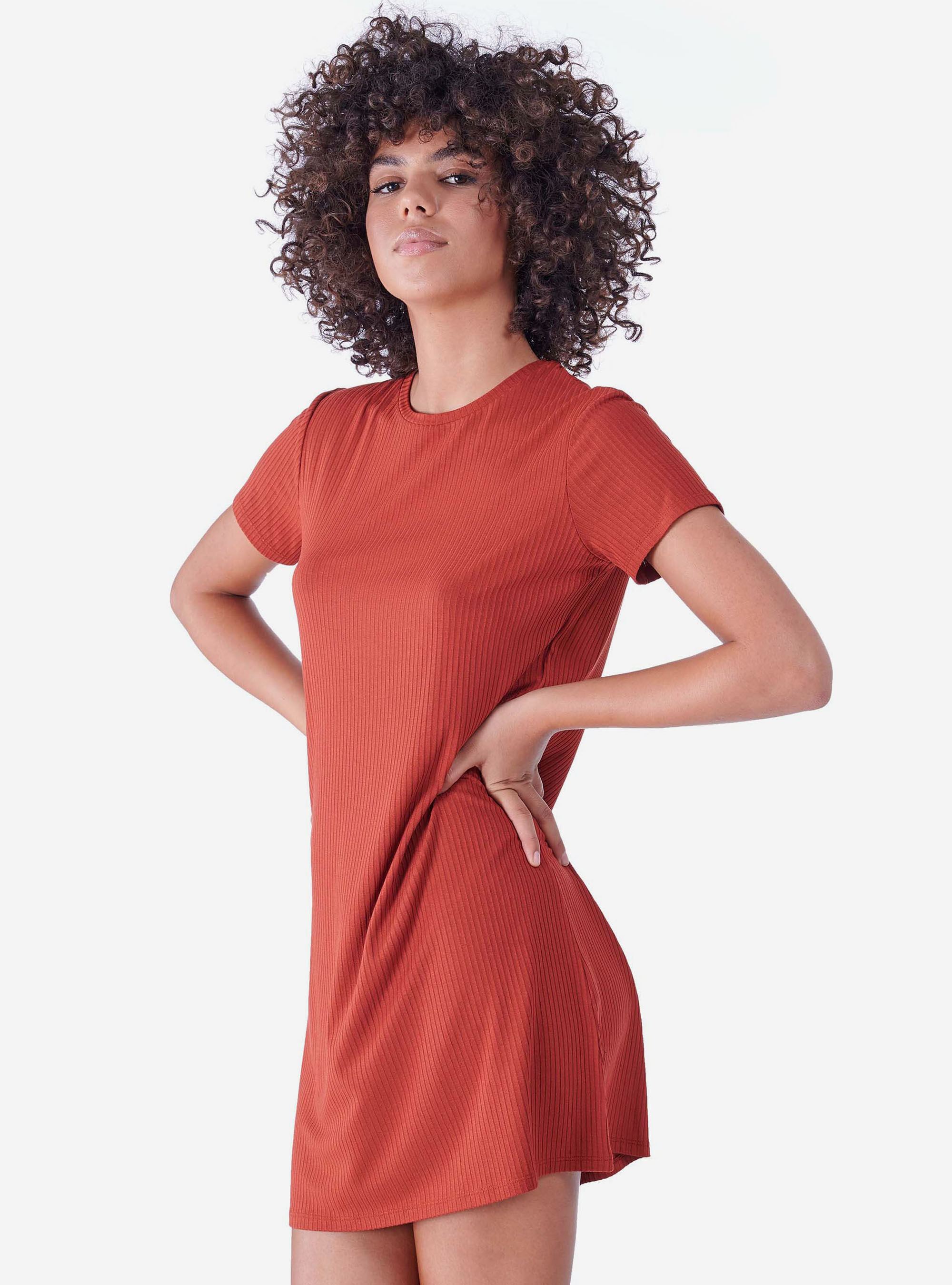 Vestito corto in cotone a costine fit morbido, RUSTY