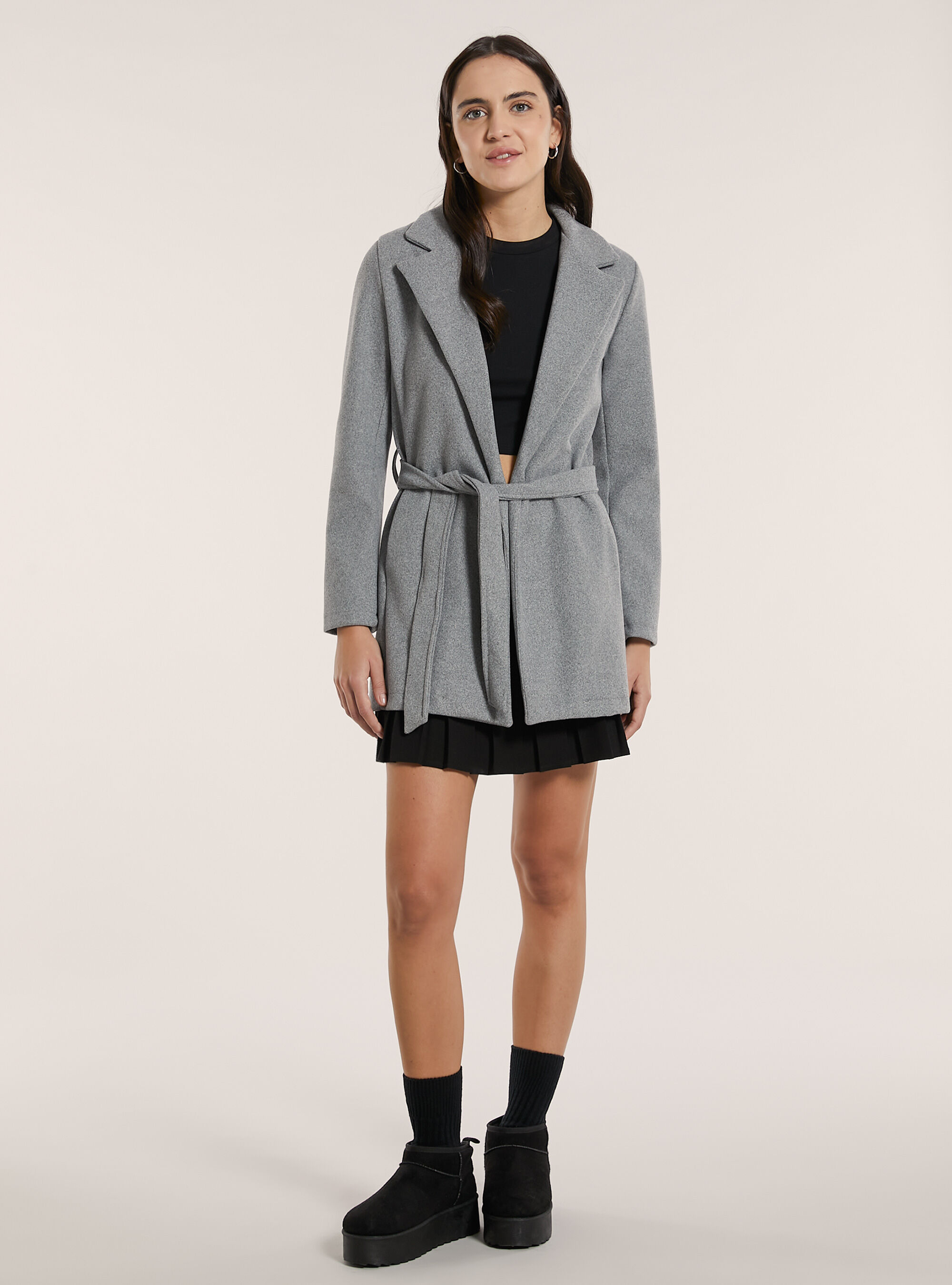 Cappotto in panno con cintura, MGY2 GREY MEL MEDIUM