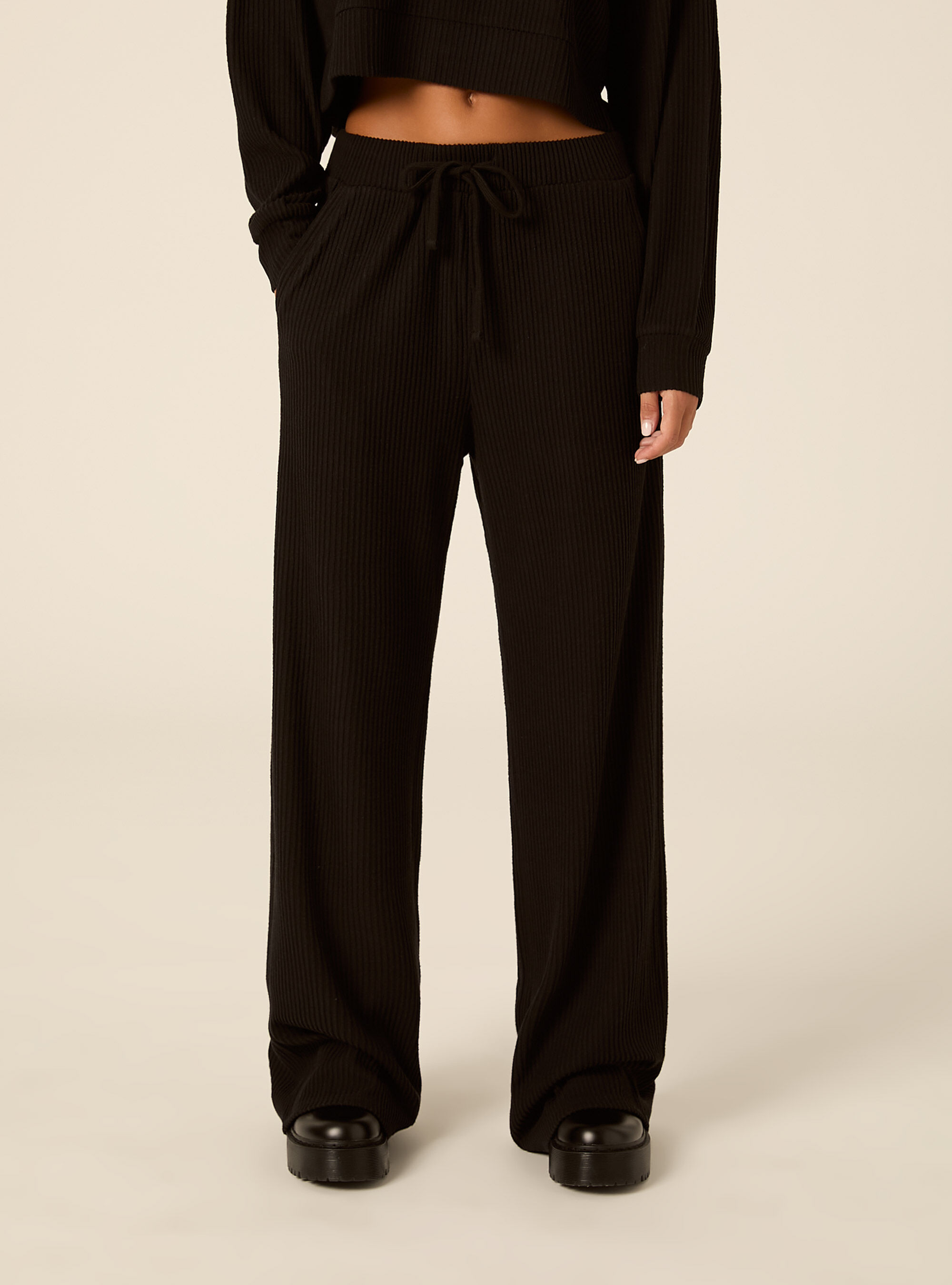 Jogger wide leg a coste, BK1 BLACK