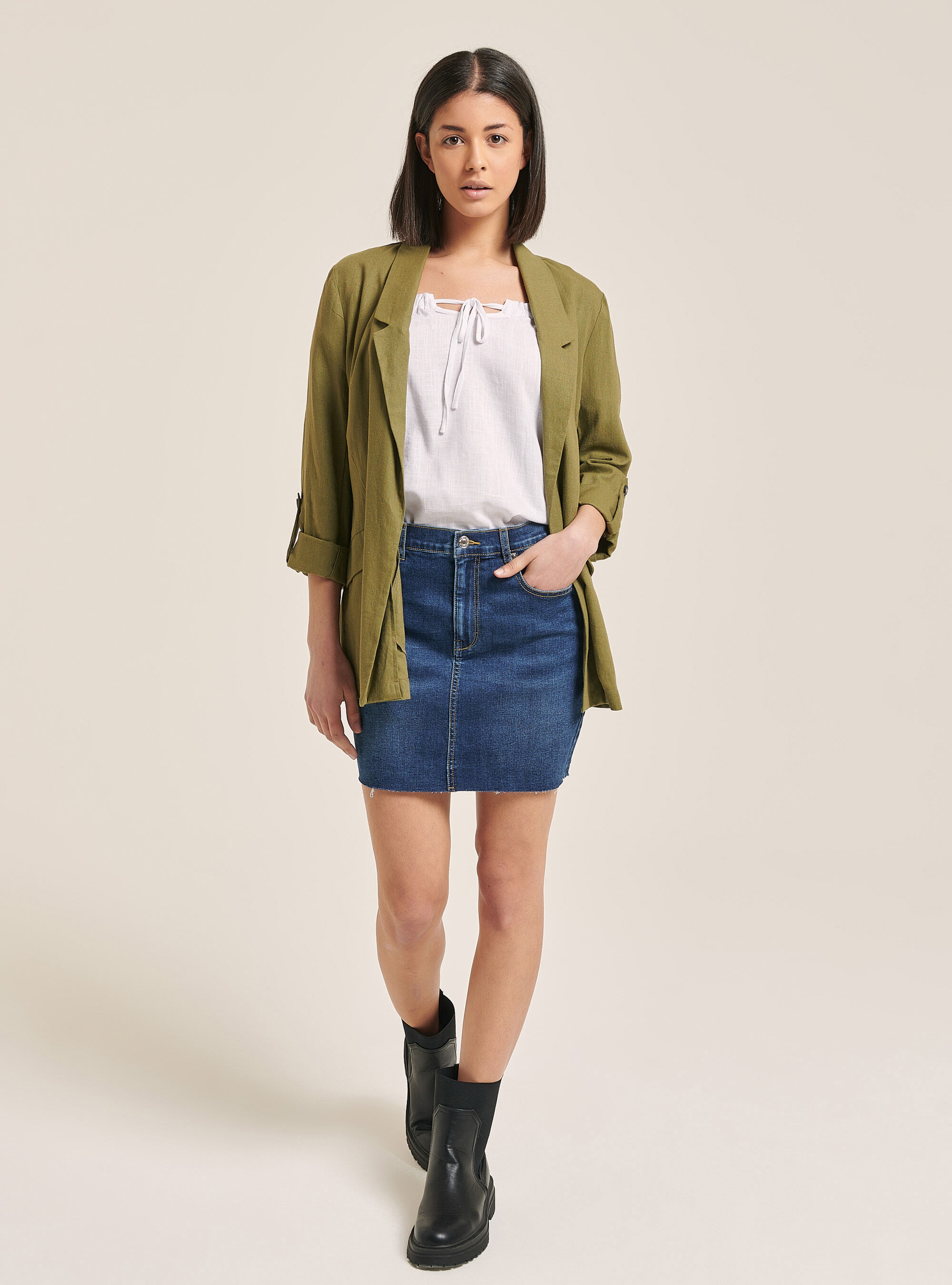 Plain Linen Blend Blazer, C6606 KAKY