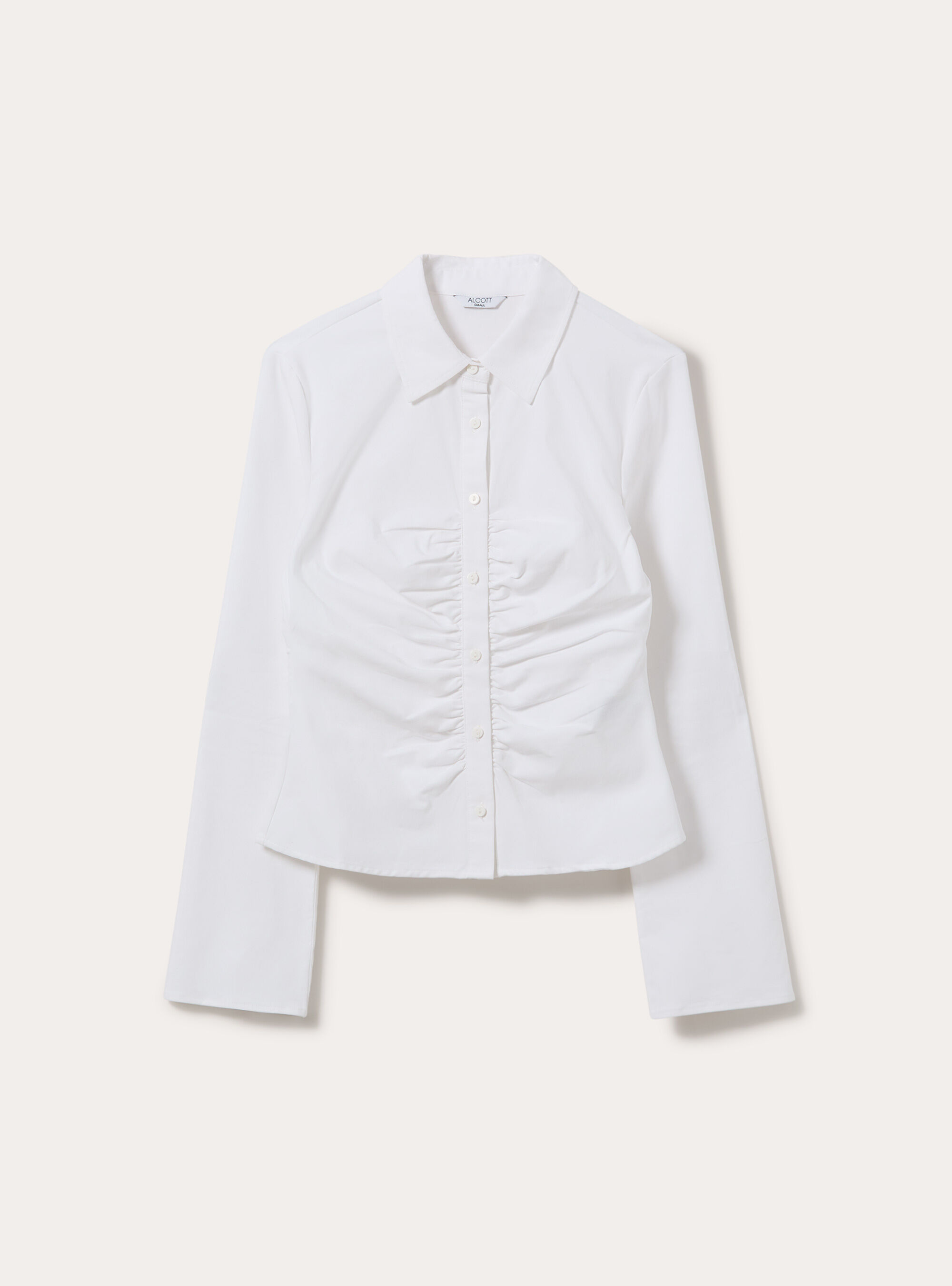 Camisa de manga larga fruncida en el delantero, WH3 WHITE