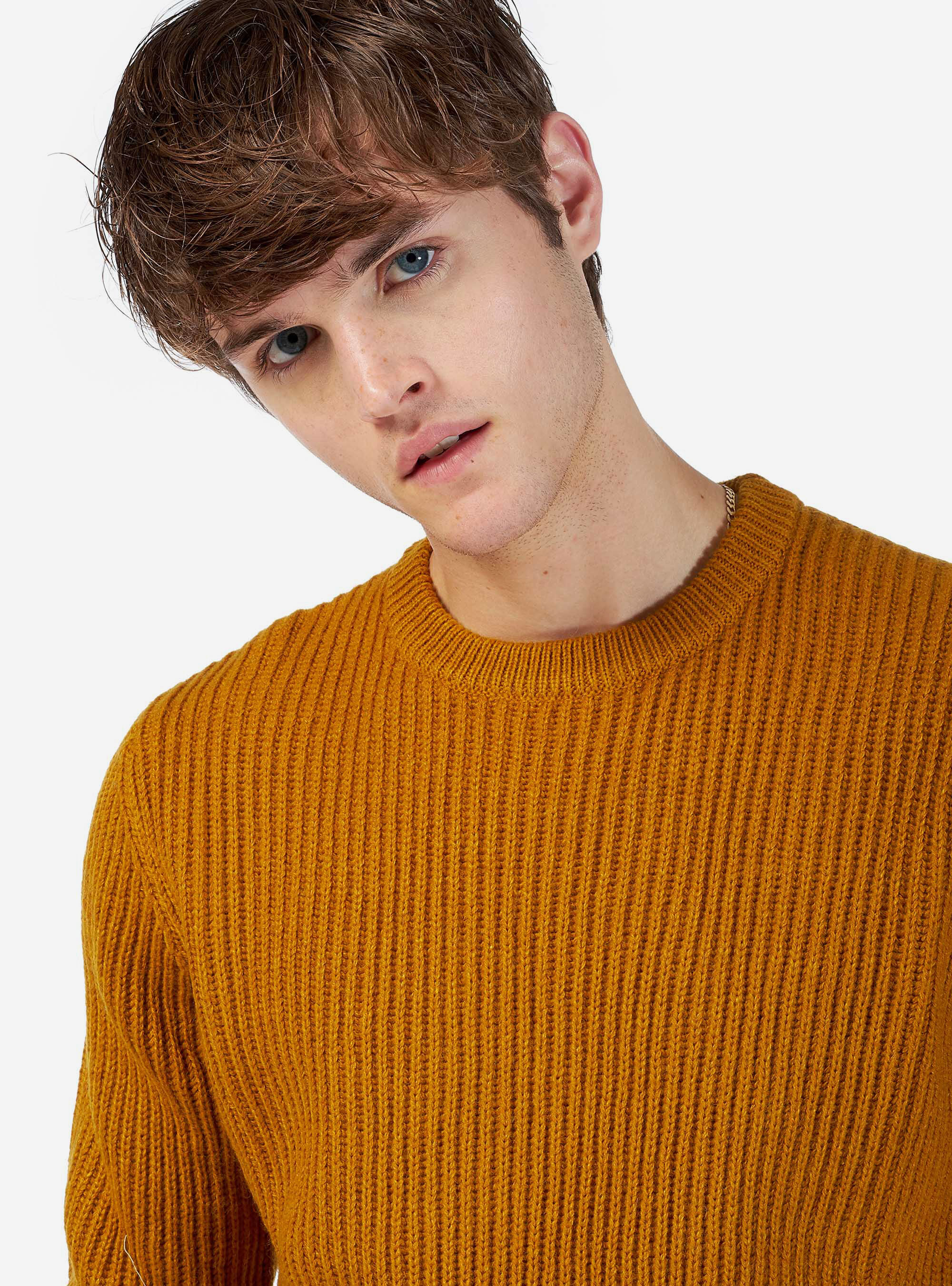English ribbed pullover in wool blend, MUSTARD