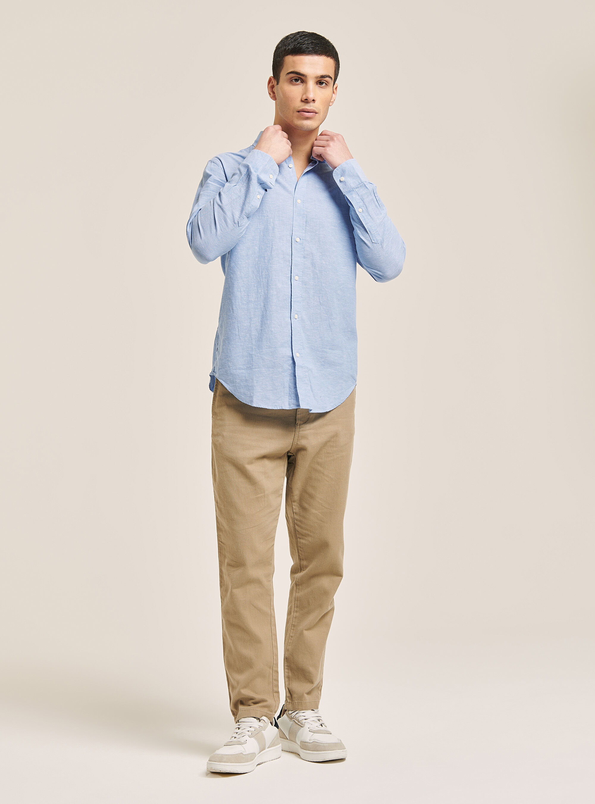 Plain linen shirt with long sleeves, AZURE