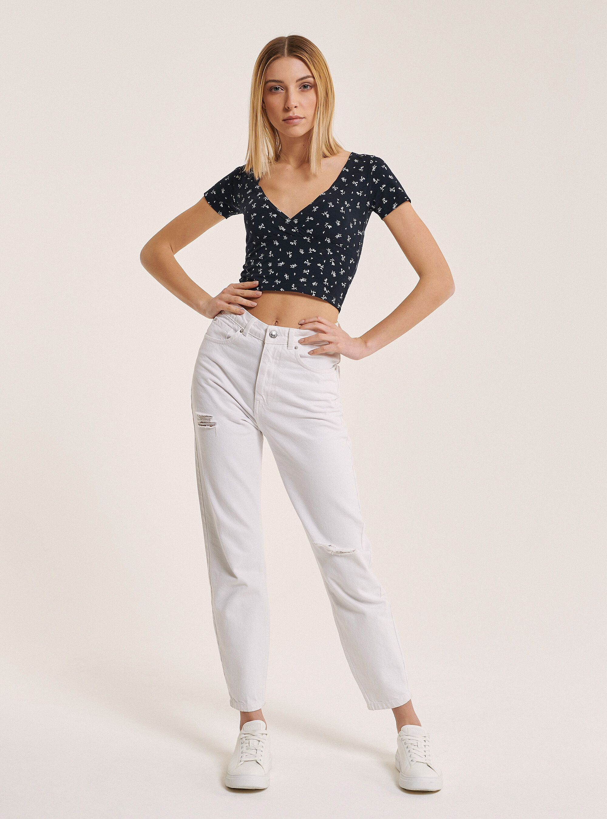 Crop top avec col en V, C2254 BLUE