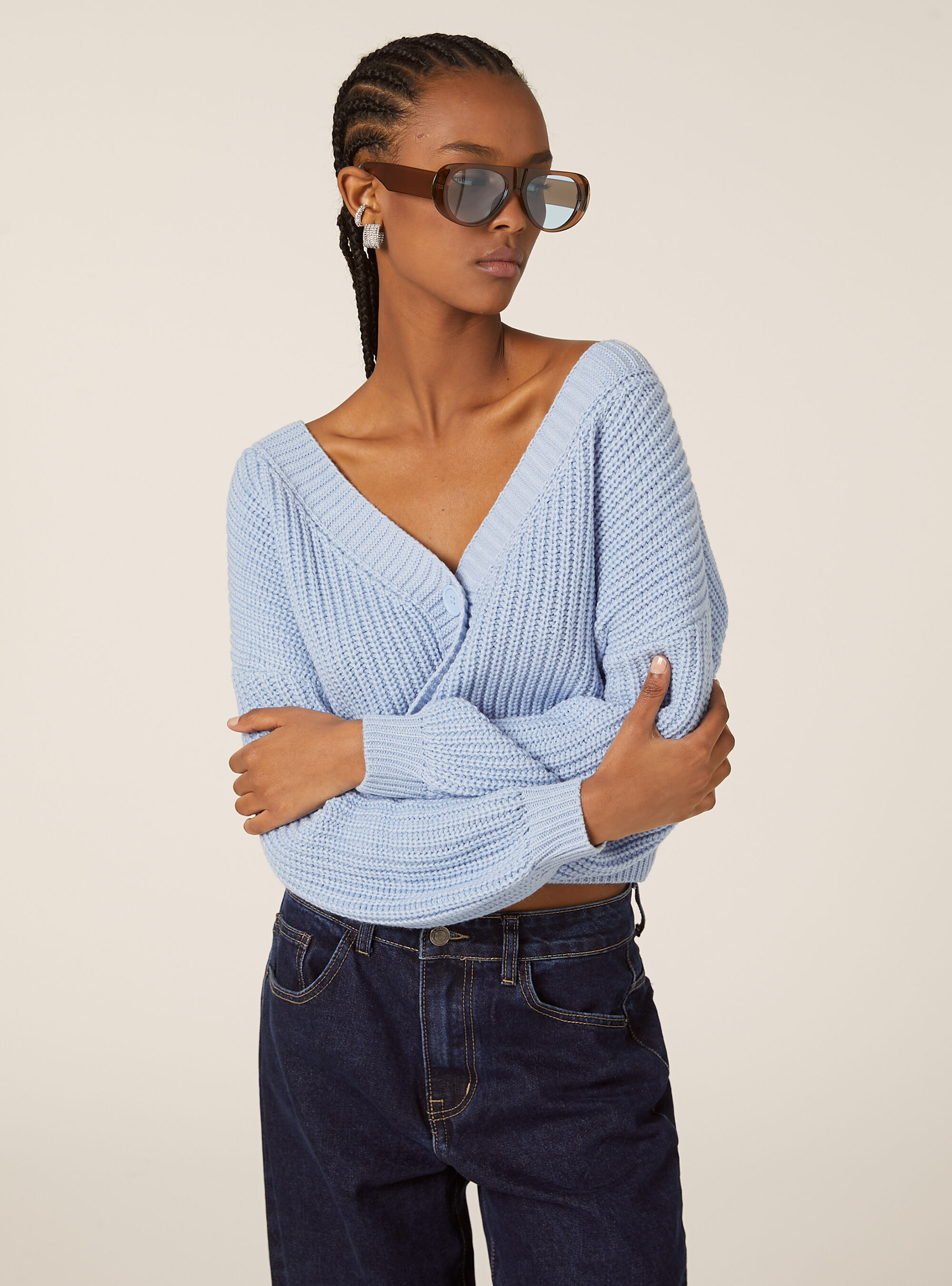 Strickjacke mit V-Ausschnitt, MAZ2 AZURE MEL MEDIUM