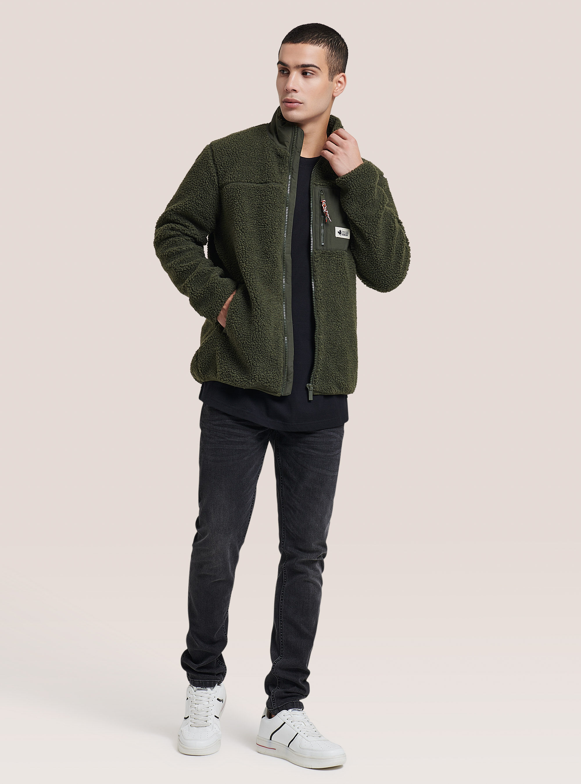 Patchwork teddy jacket, KAKI