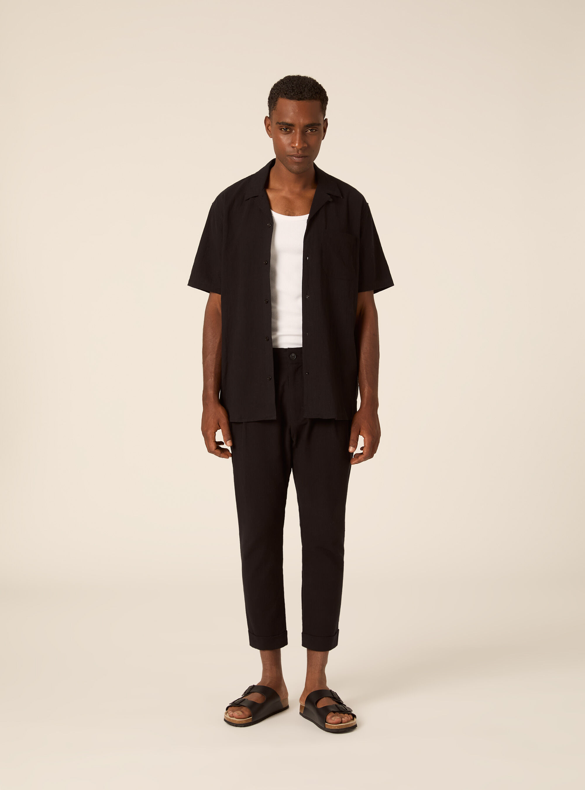 Pantalone con elastico in vita in misto lino, BK1 BLACK
