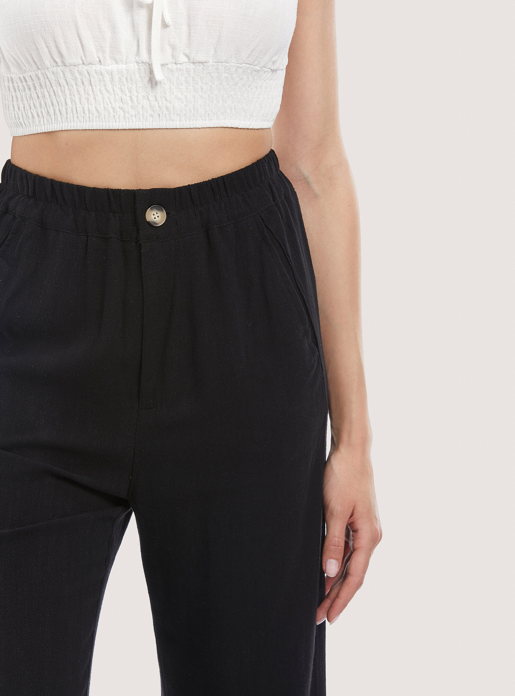 Pantalone regular in misto lino, NERO