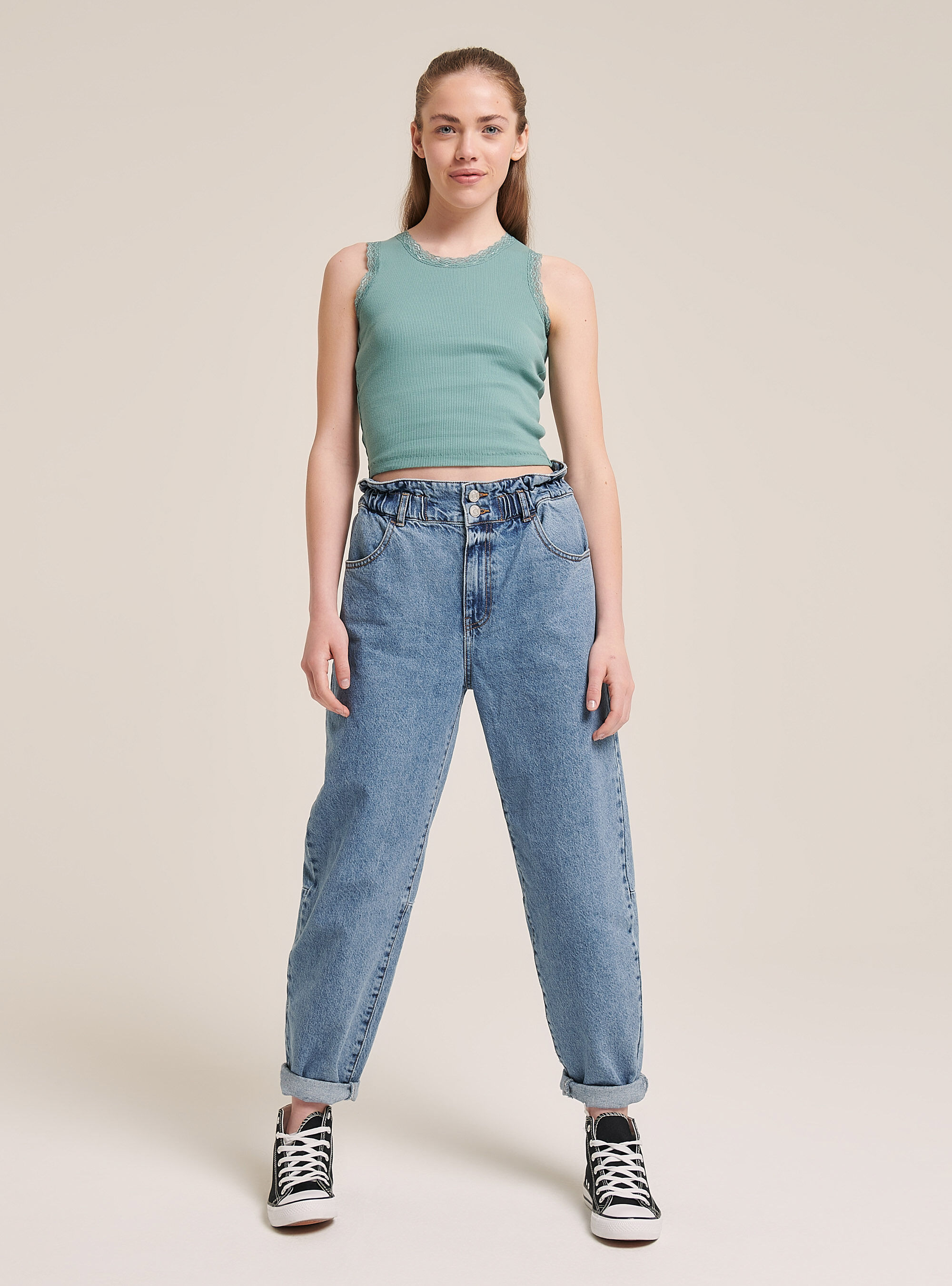 Basic cotton tank top with lace trim, C6595 GREEN.