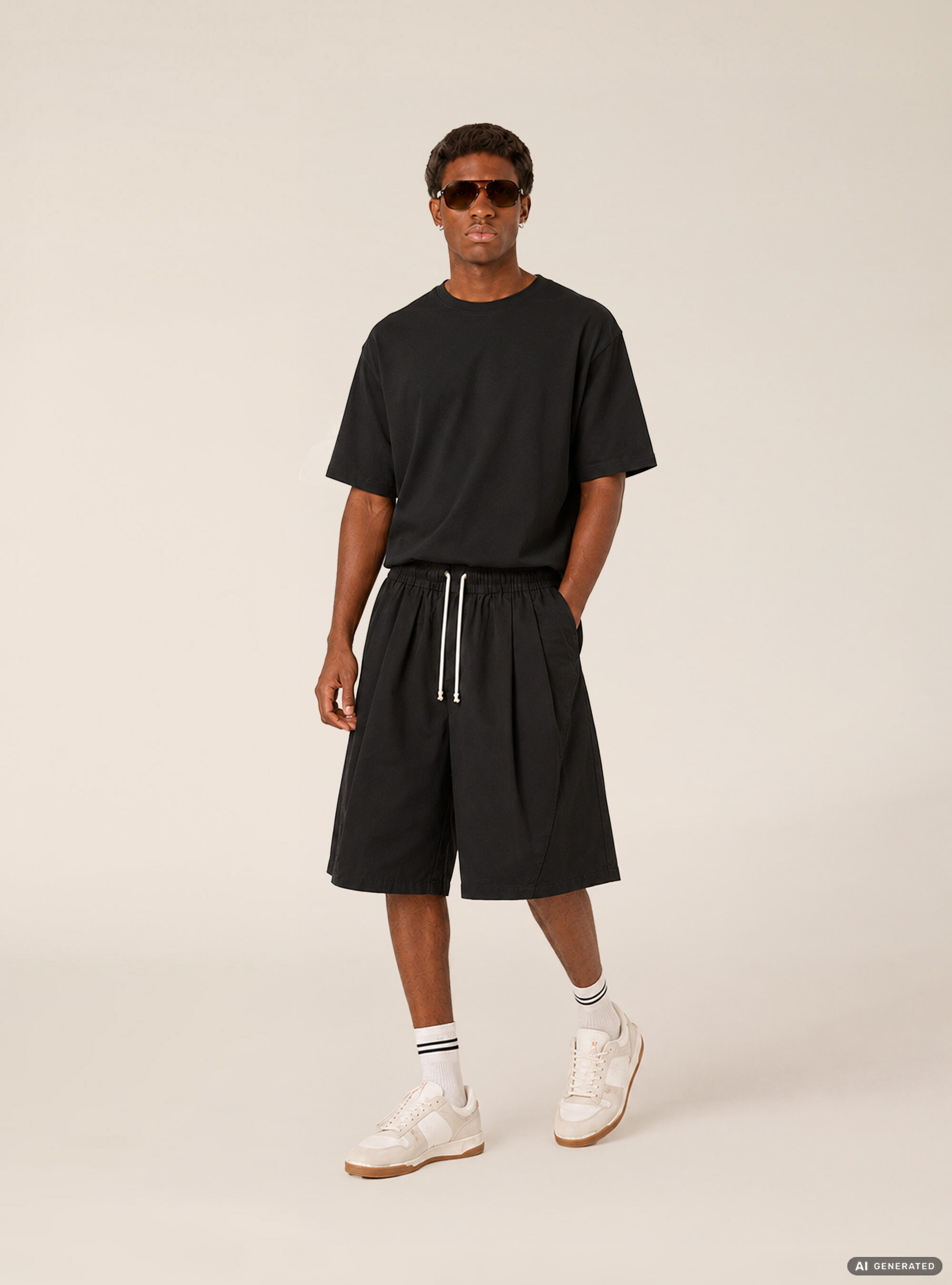 Bermuda baggy con pince misto cotone, BK1 BLACK