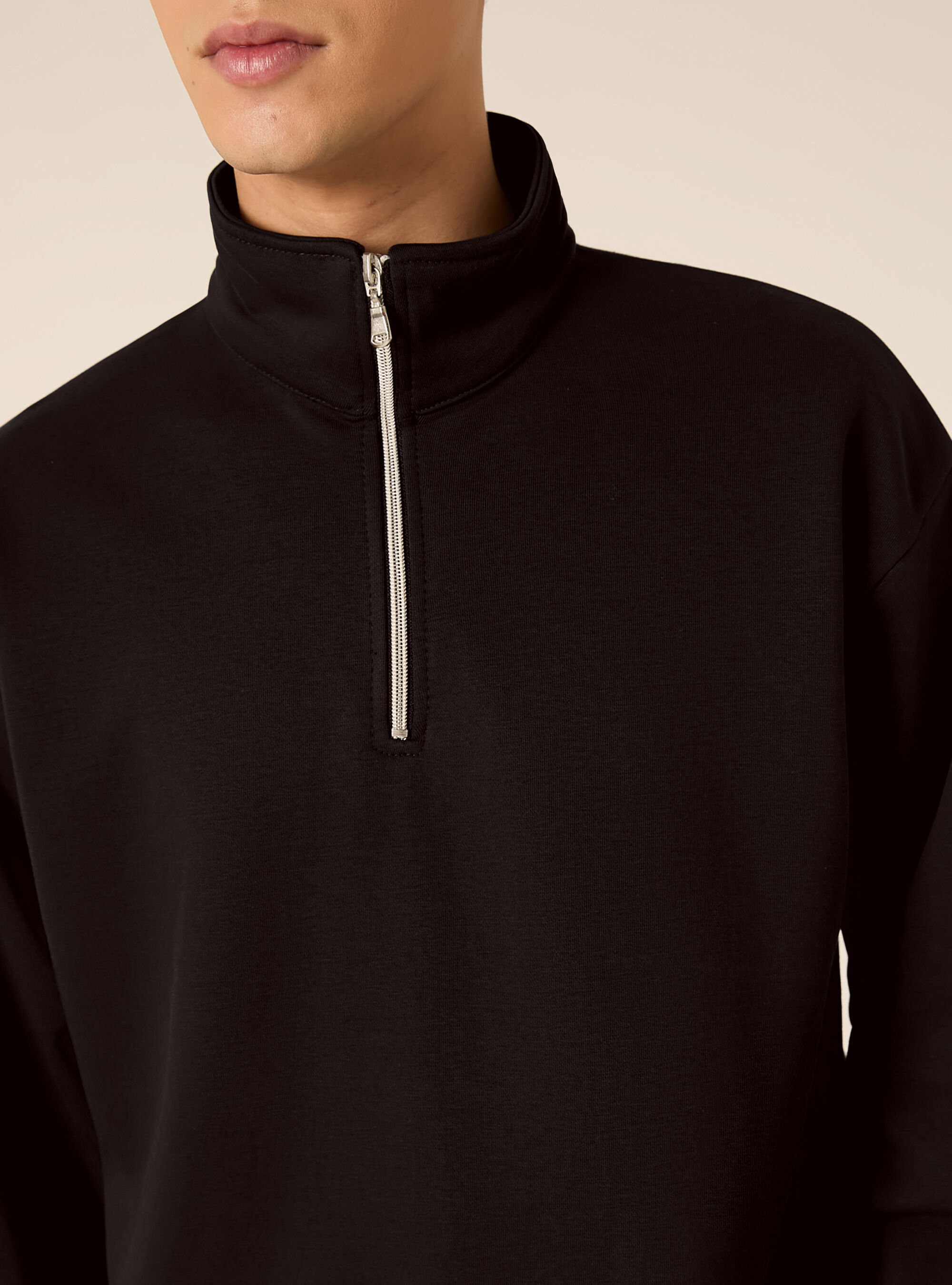 Felpa mezzo collo con zip boxy fit, BK1 BLACK