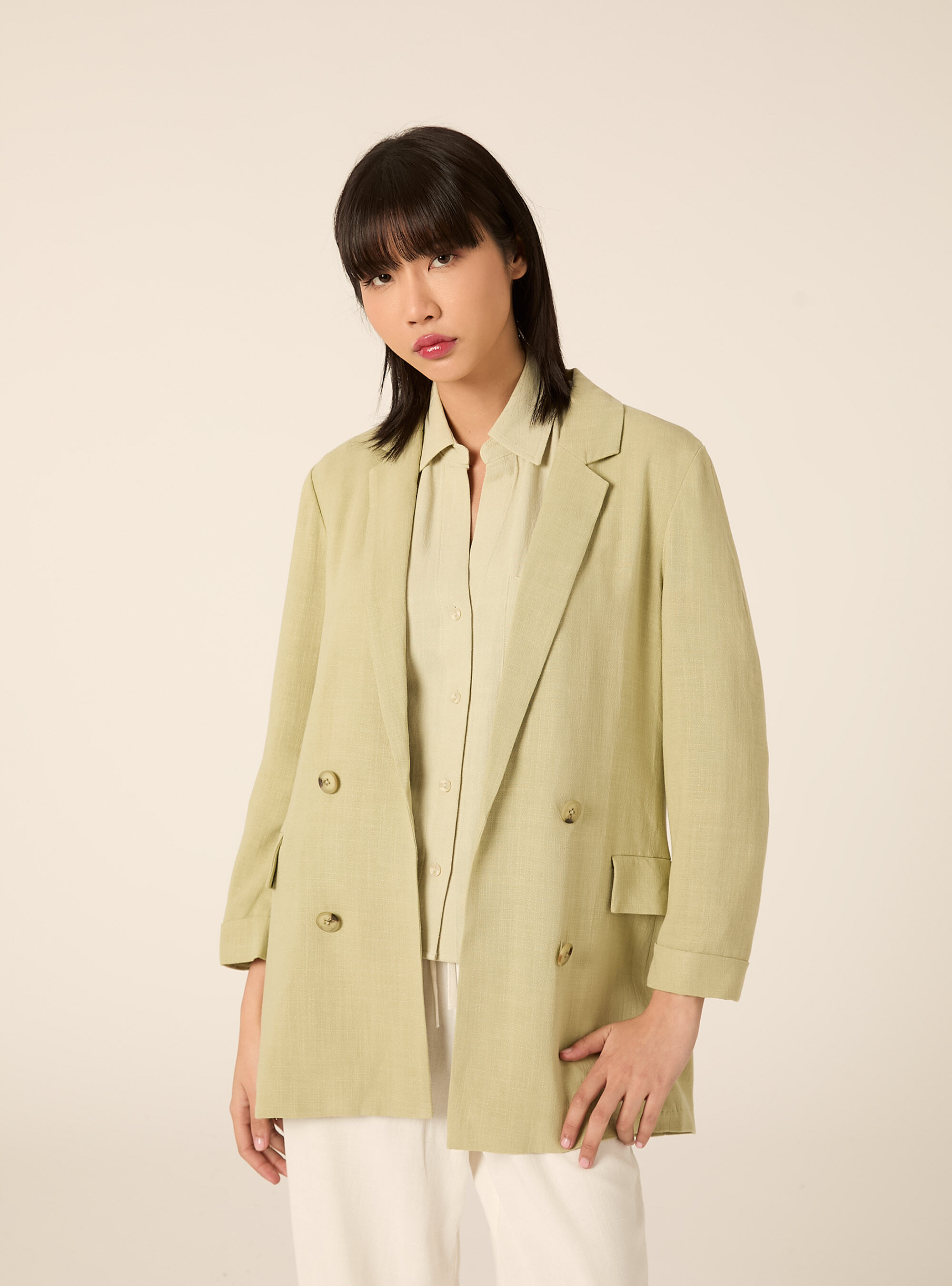 Blazer doppiopetto in misto lino, GN3 GREEN LIGHT